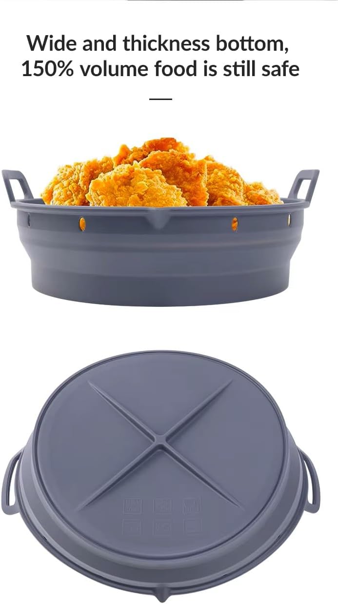 Reusable Silicone Air Fryer Liner –2pcs (Round+Square), Collapsible, Oil-Draining Design, Food-Grade, Non-Stick, Heat Resistant, Dishwasher Safe – Fits 5–8 QT Baskets (green)