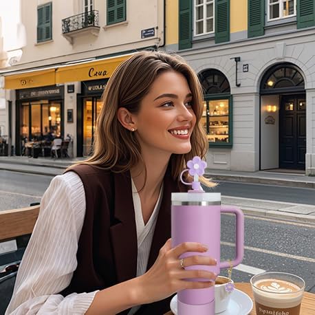 Stanley Cup Accessories Set,Including 2 Pcs 0.4in Straw Cover, 1 Silicone Spill-Proof Stopper Set of 3, 1 Cute Purple Flower Handle Charm, 1 Silicone Boot Fits Stanley 40&30 Oz Tumbler (Lilac)