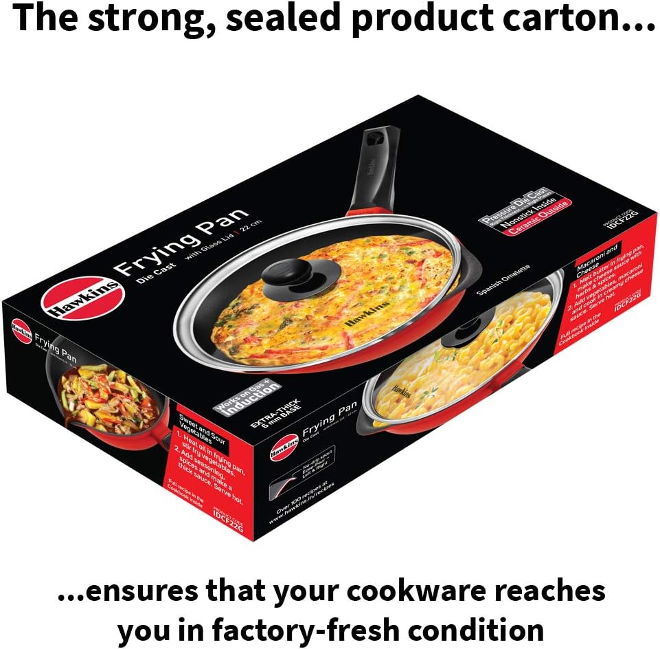 HAWKINS 24 cm Die Cast Induction Compatible Frying Pan with Glass Lid, Red (IDCF24G)