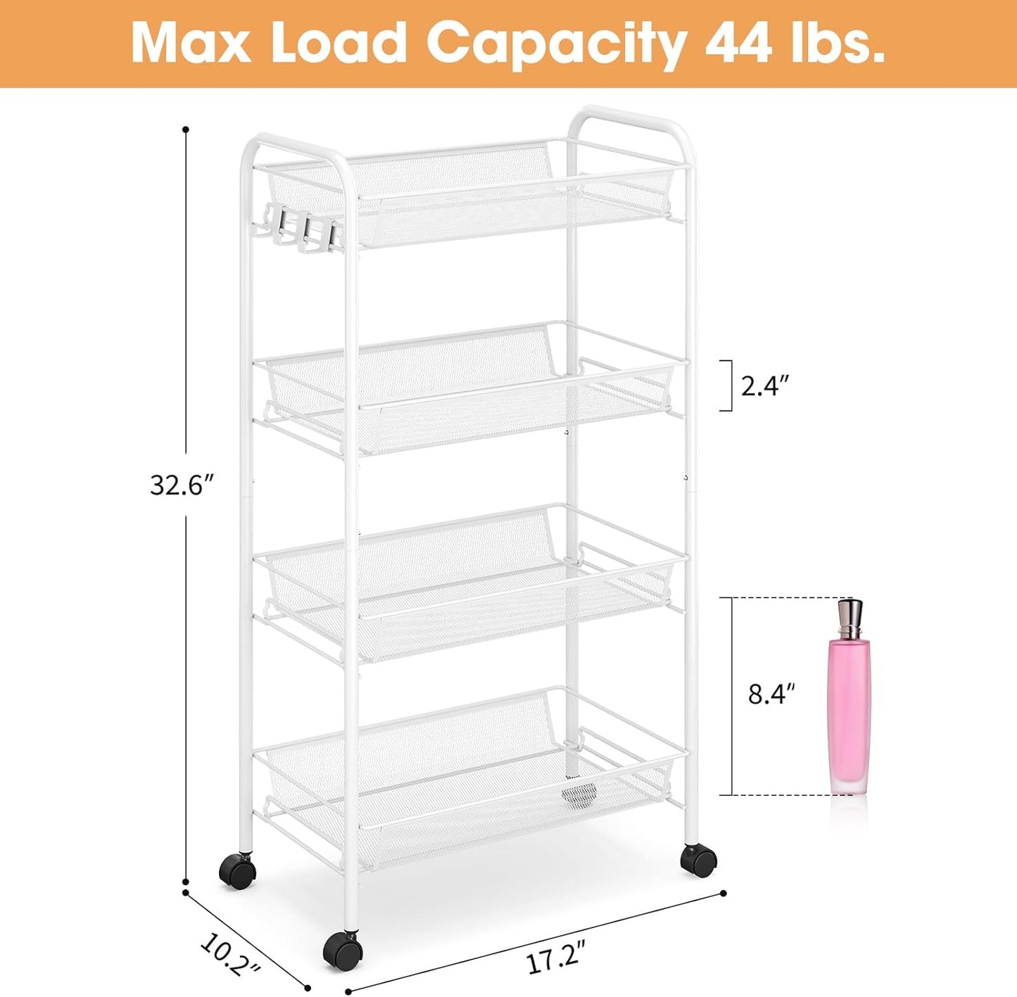 TOOLF 4-Tier Rolling Cart, Metal Utility Cart with 3 Hooks, Easy Assemble Mobile Storage Trolley On Wheels, Metal Shelving Units Kitchen Bathroom Laundry Room