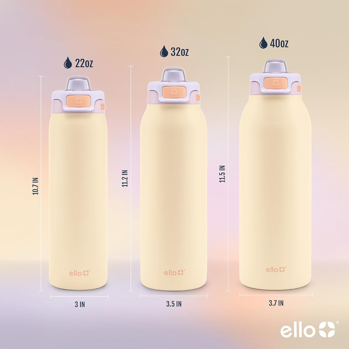 Ello Pop & Fill Stainless Steel Water Bottle with Quick Fill Technology, Double Walled Vacuum Insulated Metal, Leak Proof Locking Lid, Sip & Chug, BPA Free, Holiday Gift for Him Her, 22oz, 32oz, 40oz