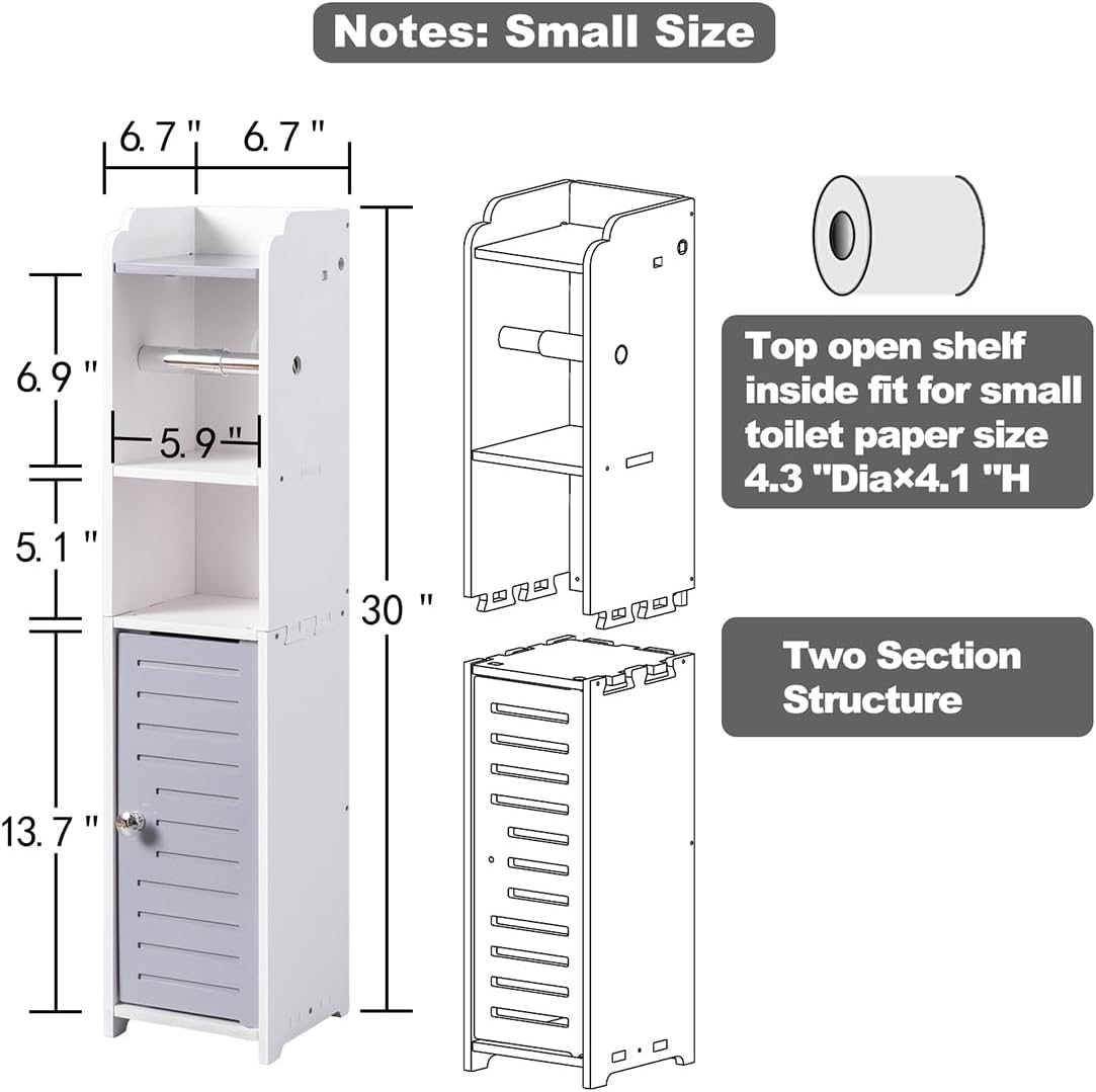 AOJEZOR Toilet Paper Holder Stand: Small Bathroom Storage Cabinet - Light Grey - White