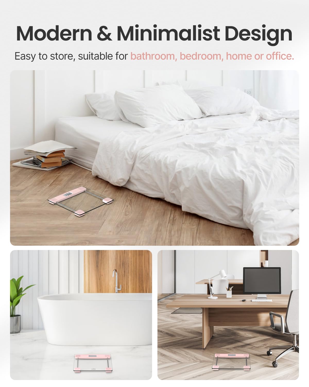 FITINDEX Bathroom Scale for Body Weight, Highly Accurate Digital Weighing Scale with Large LCD Display, Transparent and Slim Tempered Glass, 400 lbs, Pink