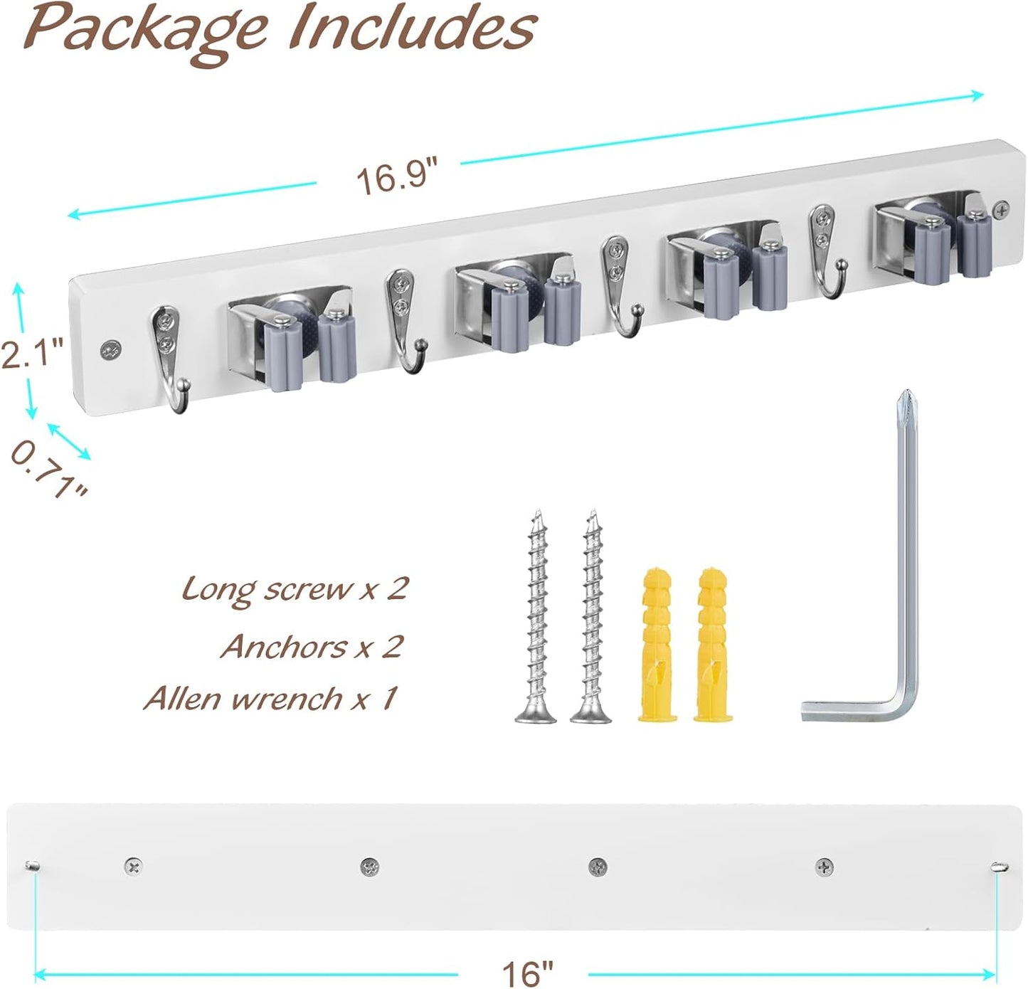 White Mop Broom Holder Wall Mount with 4 Slots & 4 Hooks - Wood Broom Mop Hanger for Pantry Closet Laundry Room Organization - Heavy Duty Garden Tool Organizer - White Kitchen Decor