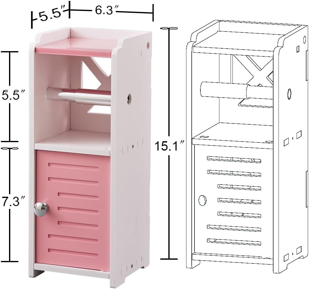 AOJEZOR Toilet Paper Holder Stand: PVC Freestanding Cabinet Storage for Small Bathroom Spaces for Homes and Renters-Jelly Pink