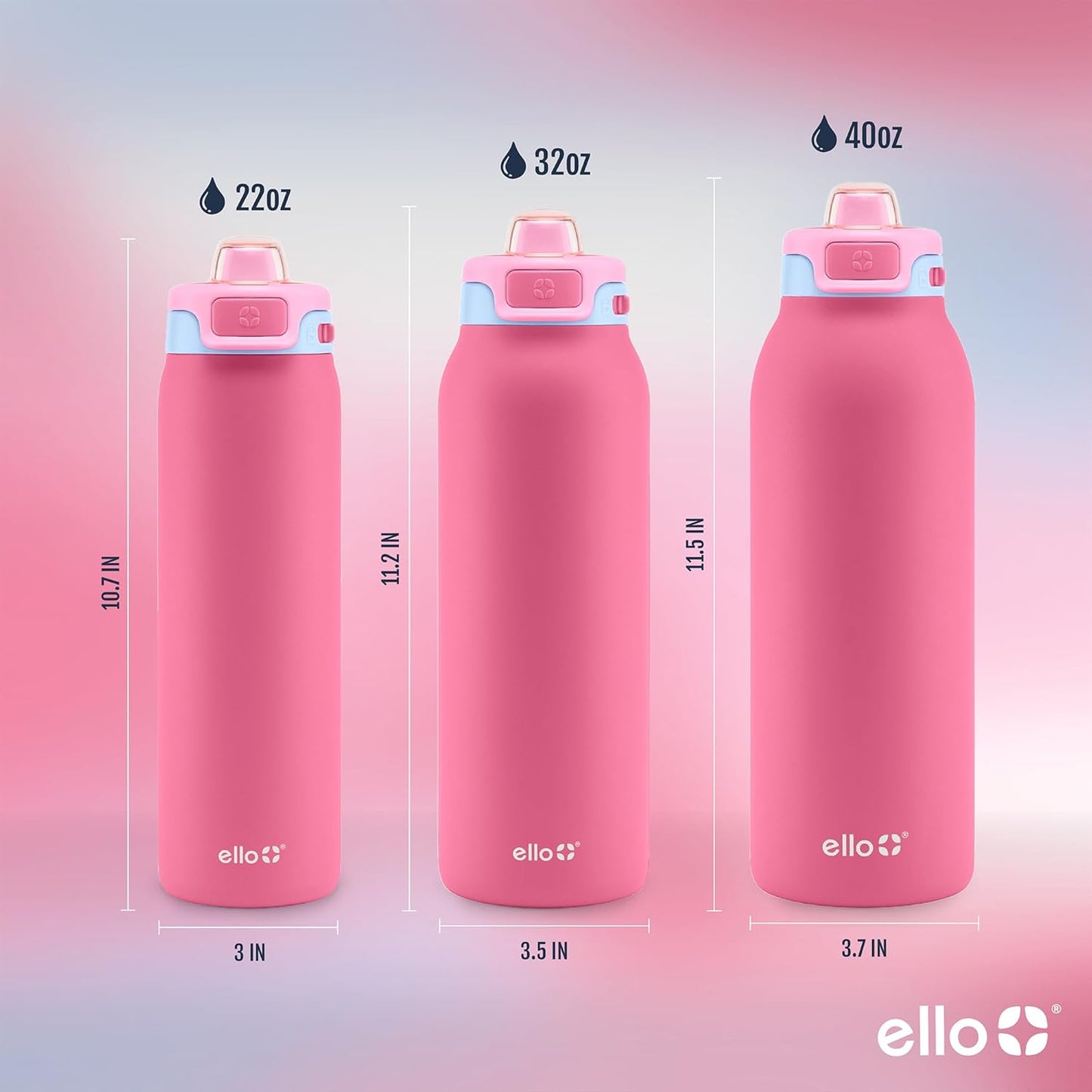 Ello Pop & Fill Stainless Steel Water Bottle with Quick Fill Technology, Double Walled Vacuum Insulated Metal, Leak Proof Locking Lid, Sip & Chug, BPA Free, Holiday Gift for Him Her, 22oz, 32oz, 40oz