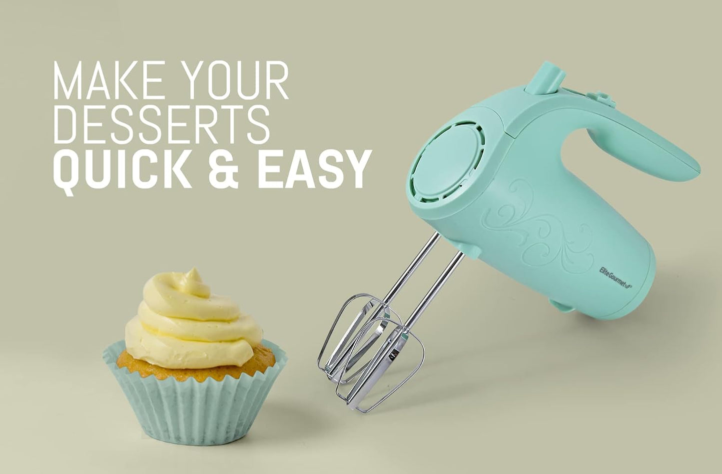 Elite Gourmet EHM003M Maxi-Matic Ultra Power Electric 5-Speed Kitchen Hand Mixer with 2 Extra Wide Stainless Steel Smooth Creamy Whipped Mixtures Plus Convenient, Beater Storage, Mint Blue