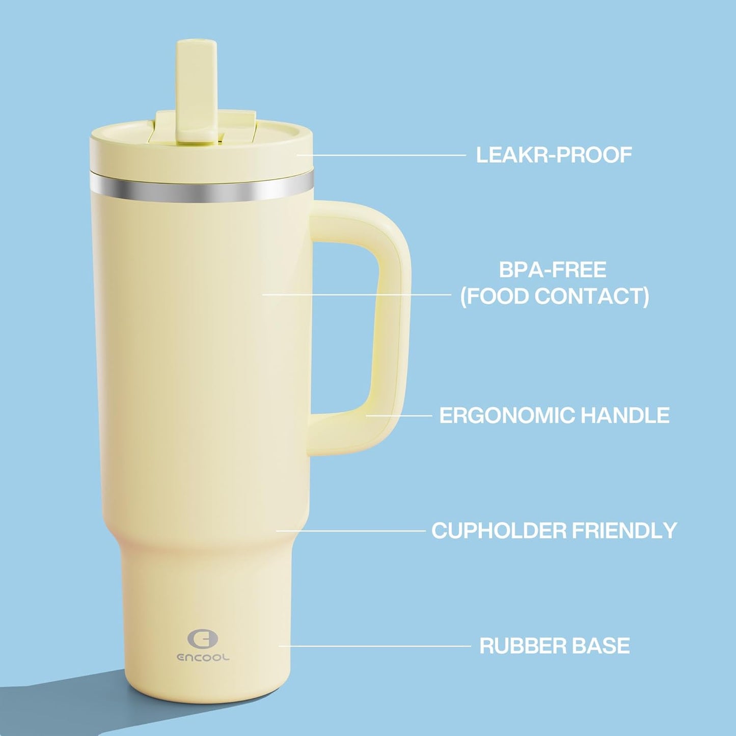40 oz Tumbler with Handle and Straw: Stainless Steel Insulated Tumbler Keeps Cold for 24 Hours, Leakproof Travel Cup Fits in Cup Holder and BPA-Free,Light Vanilla