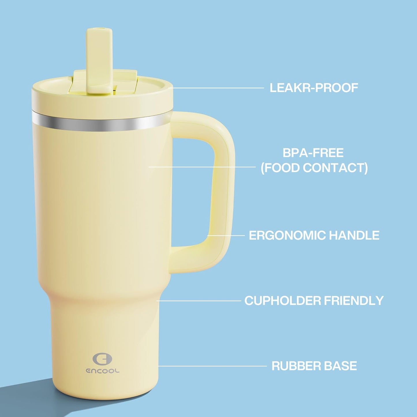 ENCOOL 32 oz Tumbler with Handle and Straw: Stainless Steel Insulated Tumbler Keeps Cold for 24 Hours, Leakproof Travel Cup Fits in Cup Holder and BPA-Free,Light Vanilla
