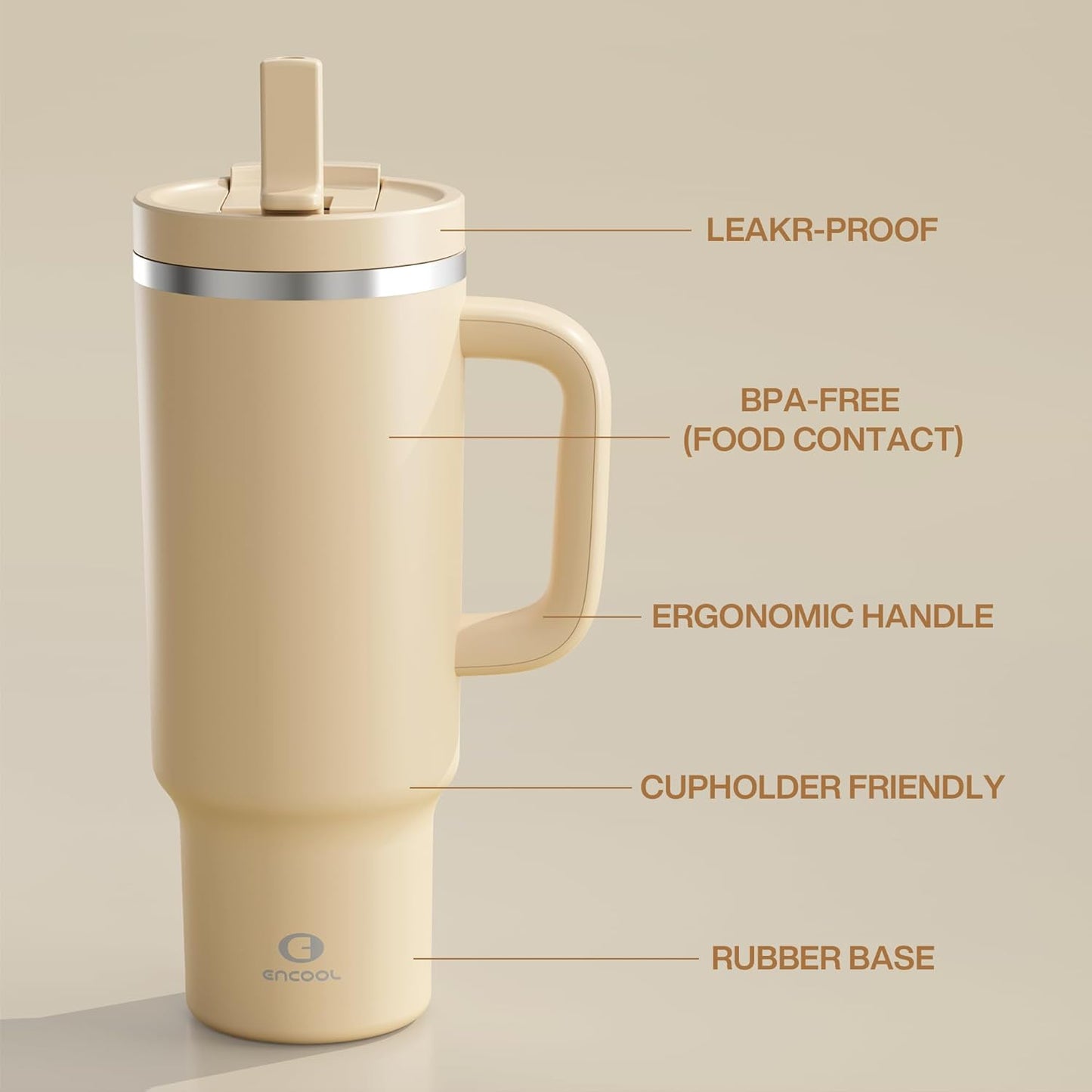 ENCOOL 40 oz Tumbler with Handle and Straw: Stainless Steel Insulated Tumbler Keeps Cold for 24 Hours, Leakproof Travel Cup Fits in Cup Holder and BPA-Free, Indian Khaki