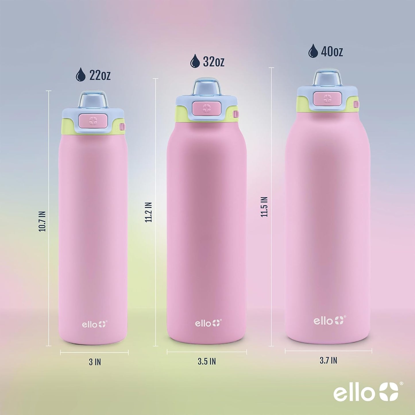 Ello Pop & Fill Stainless Steel Water Bottle with Quick Fill Technology, Double Walled Vacuum Insulated Metal, Leak Proof Locking Lid, Sip & Chug, BPA Free, Holiday Gift for Him Her, 22oz, 32oz, 40oz