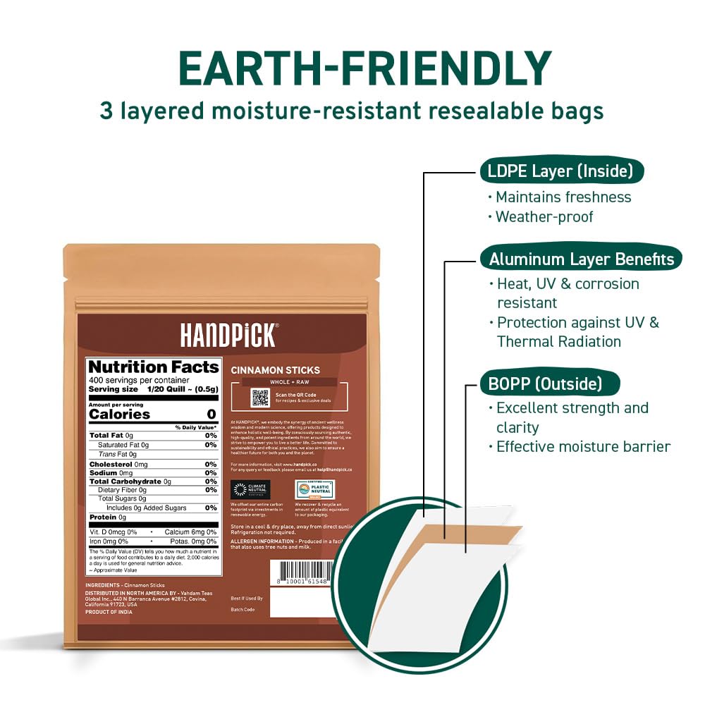 HANDPICK, Cinnamon Sticks (7 oz) 100% Raw, Non-GMO, Gluten-Free | Premium Quality | Resealable Ziplock Pouch | Perfect for Baking, Cooking & Beverages