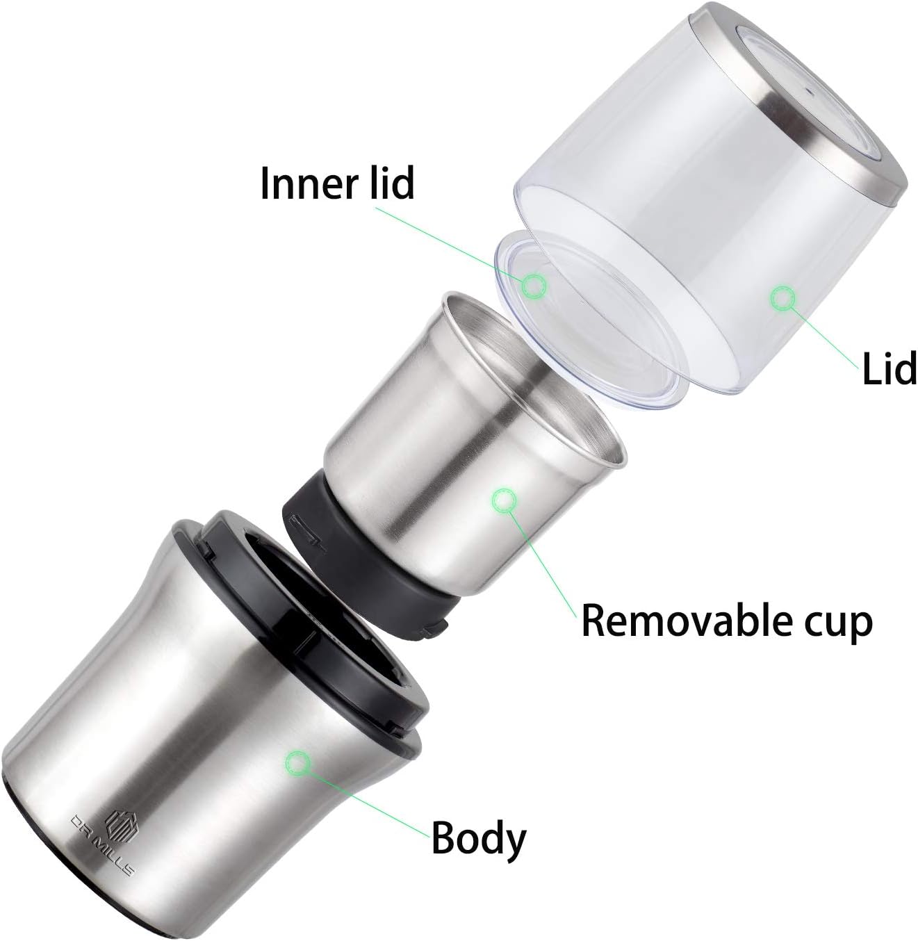 DR MILLS DM-7412M Stainless Steel Electric Dried Spice and Coffee Grinder,2 in 1 Wet and Dry, Removable Cups, Dishwasher Safe