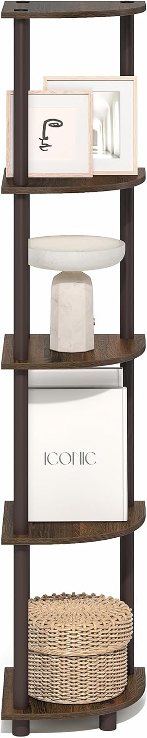 Furinno Turn-N-Tube Corner Shelf, 5-Tier Corner Bookshelf, Open Storage Shelves, for Organization and Storage, Living Room, Home Office, Garage, Bedroom, Black Walnut
