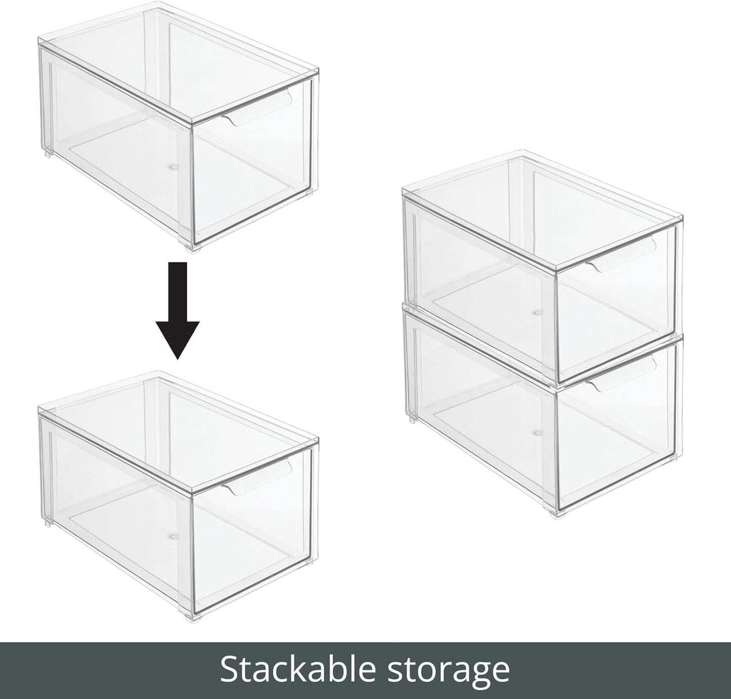 mDesign Plastic Stackable Closet Storage Organizer Bins with Pull Out Drawer for Cabinet, Desk, Shelf, Cupboard, or Dresser Organization - Lumiere Collection - 4 Pack - Clear