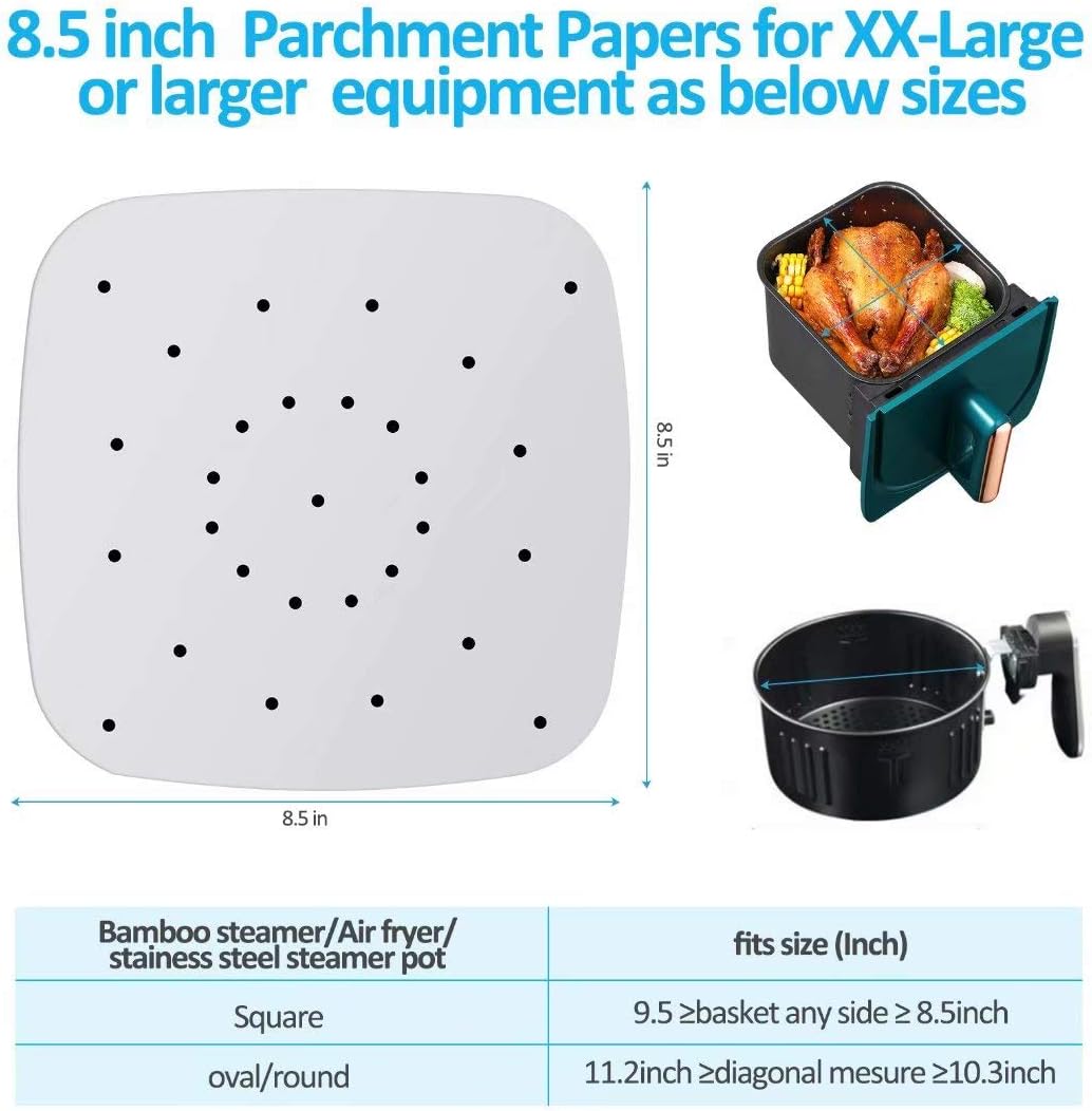 200pcs 8.5inch Square Perforated Parchment Paper Sheets, Premium Nonstick Bamboo Steamer Liner for Air Fryers, Steaming Basket, Oven, Baking, Cooking