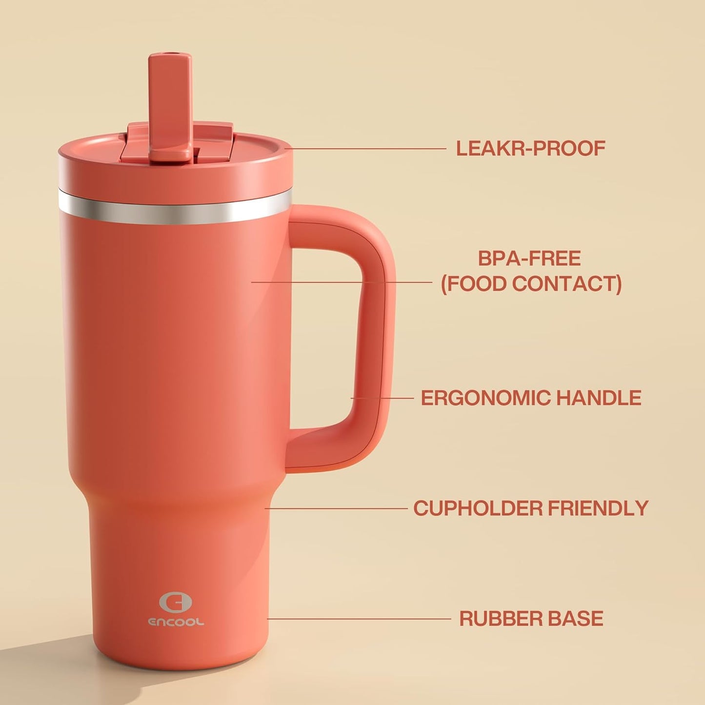 ENCOOL 32 oz Tumbler with Handle and Straw: Stainless Steel Insulated Tumbler Keeps Cold for 24 Hours, Leakproof Travel Cup Fits in Cup Holder and BPA-Free,Tawny Orange