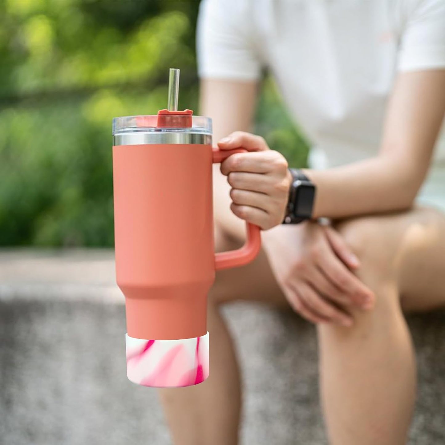 Upgrade 2PCS Protective Silicone Boot Bumper for Stanley Quencher Adventure 40oz 30oz IceFlow 20oz 30oz Tumbler, Water Bottle Bottom Sleeve Cover Accessories for Stanley Mug Cup(Rose Red+White)