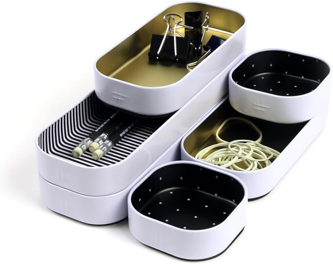 Three by Three Seattle 6 Piece Shallow Metal Organizer Tray Set for Storing Makeup, Stationery, Utensils, and More in Office Desk, Kitchen and Bathroom Drawers (1 Inch, Gold Dots and Stripes)