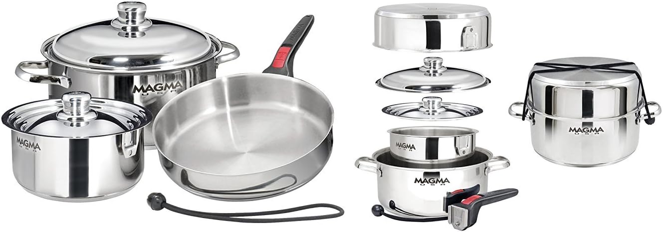 Magma 7 Piece Gourmet Nesting Stainless Steel Cookware Set, Induction Compatible, Oven Safe to 500°F - Suitable for All Stovetops, Removable Handles, Black