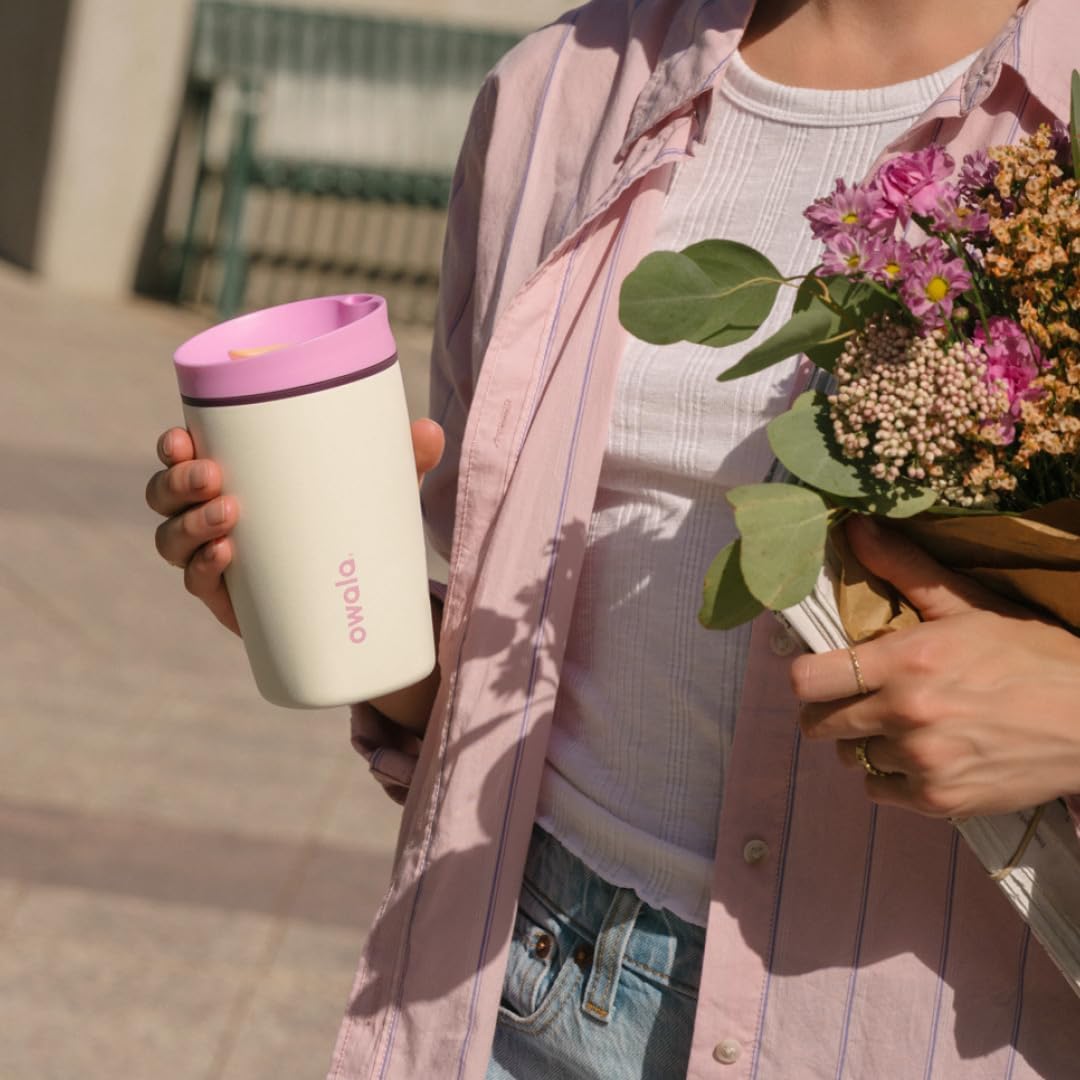 Owala SmoothSip Slider Insulated Stainless Steel Coffee Tumbler, Reusable Iced Coffee Cup, Hot Coffee Travel Mug, BPA Free 12 oz, Pink/Tan (Daybreak)