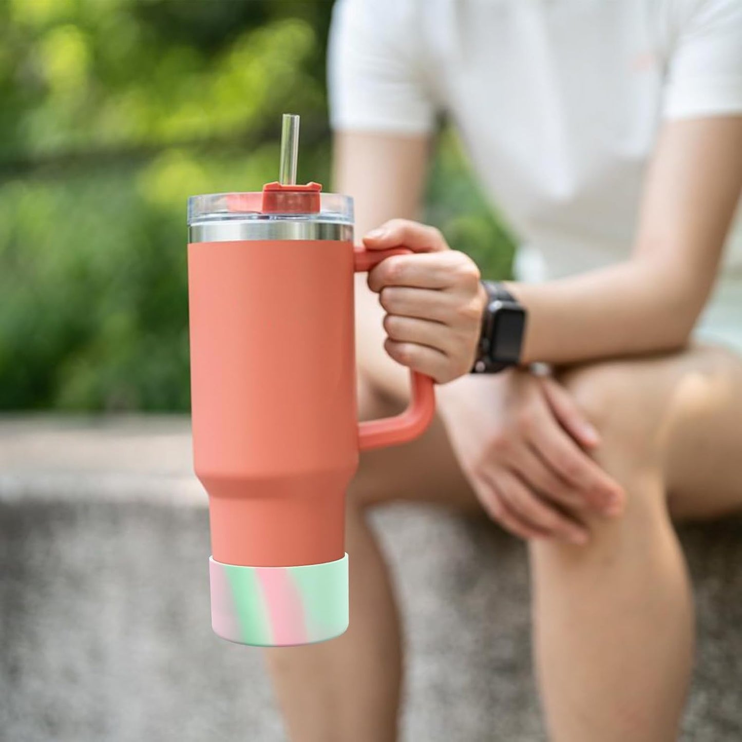 Upgrade 2PCS Protective Silicone Boot Bumper for Stanley Quencher Adventure 40oz 30oz IceFlow 20oz 30oz Tumbler, Water Bottle Bottom Sleeve Cover Accessories for Stanley Mug Cup(Light Cyan+Pink)