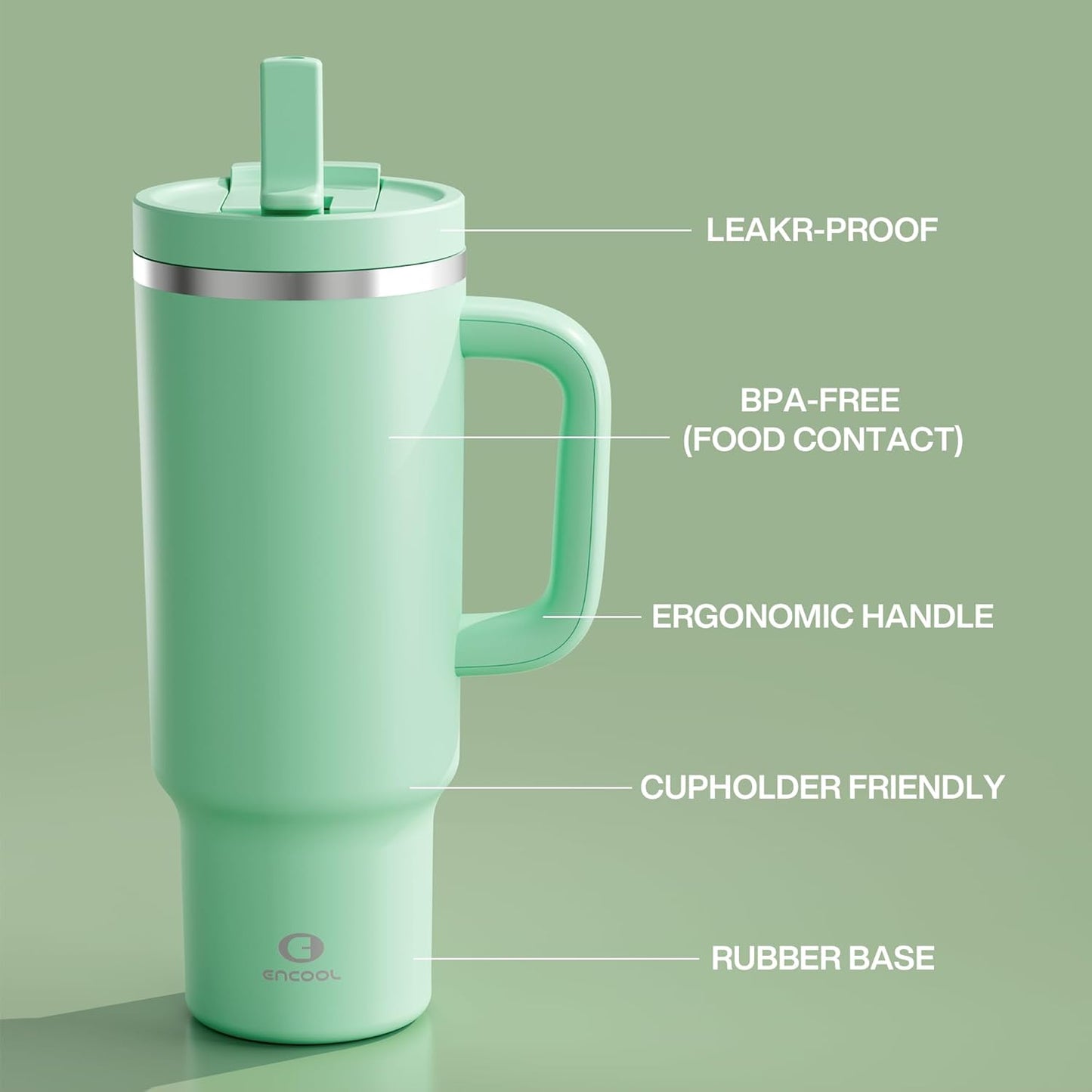 40 oz Tumbler with Handle and Straw: Stainless Steel Insulated Tumbler Keeps Cold for 24 Hours, Leakproof Travel Cup Fits in Cup Holder and BPA-Free,Brook Green