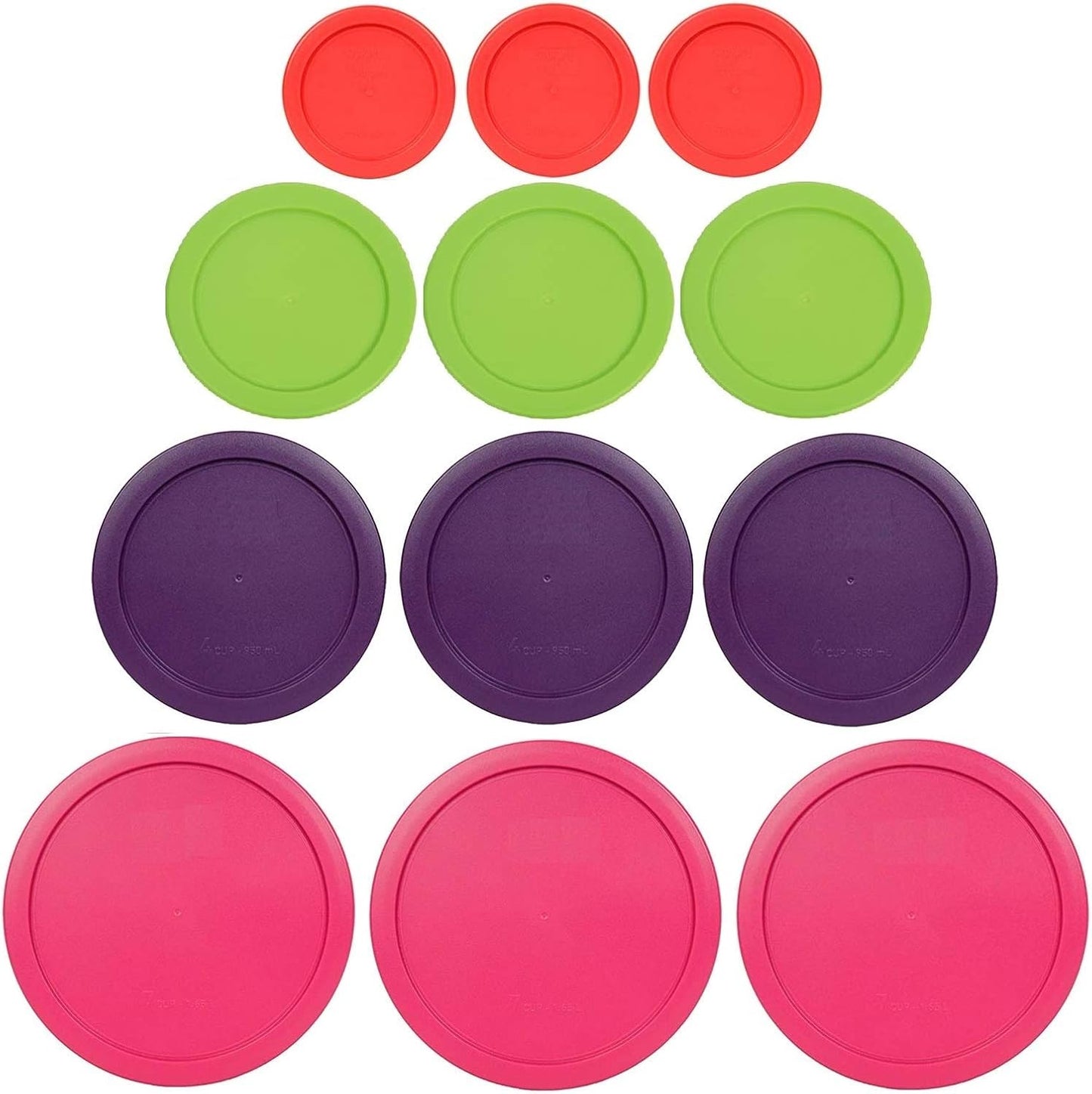 1, 2, 4 & 7 Cup Red, Spring Green, Purple, Pink Replacement Lids/Covers for Pyrex, Anchor Hocking & KlareWare Storage Bowls *Lids Only Glass Container Not Included* (12 Pack *Three of Each Size*)