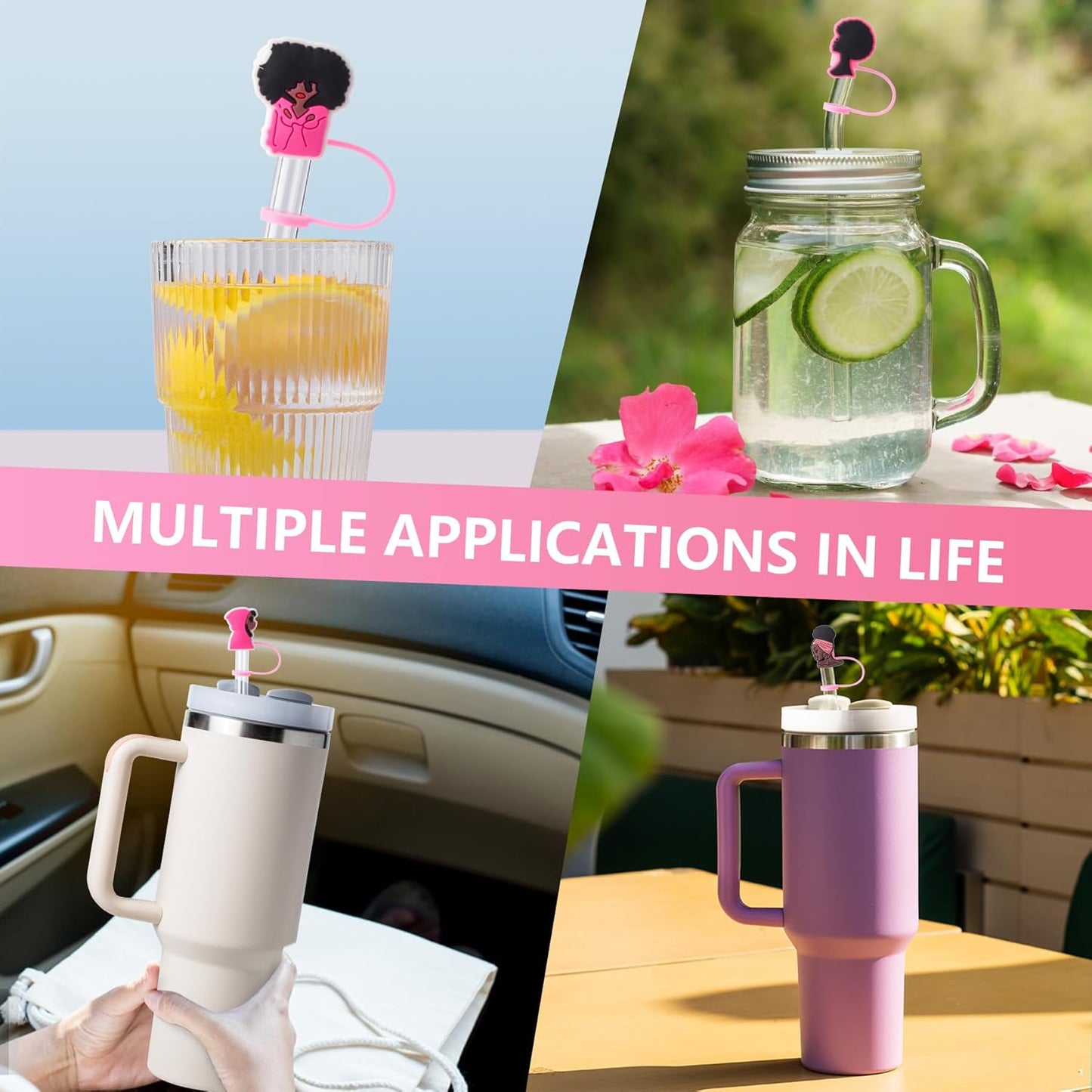 6Pcs Black Girl Straw Cover Cap for Stanley Cup Accessories, 10mm Cute Pink Drinking Straw Topper for 40oz 30oz Stanley Tumbler, Dust-Proof Reusable Straw Tips Gifts for Women