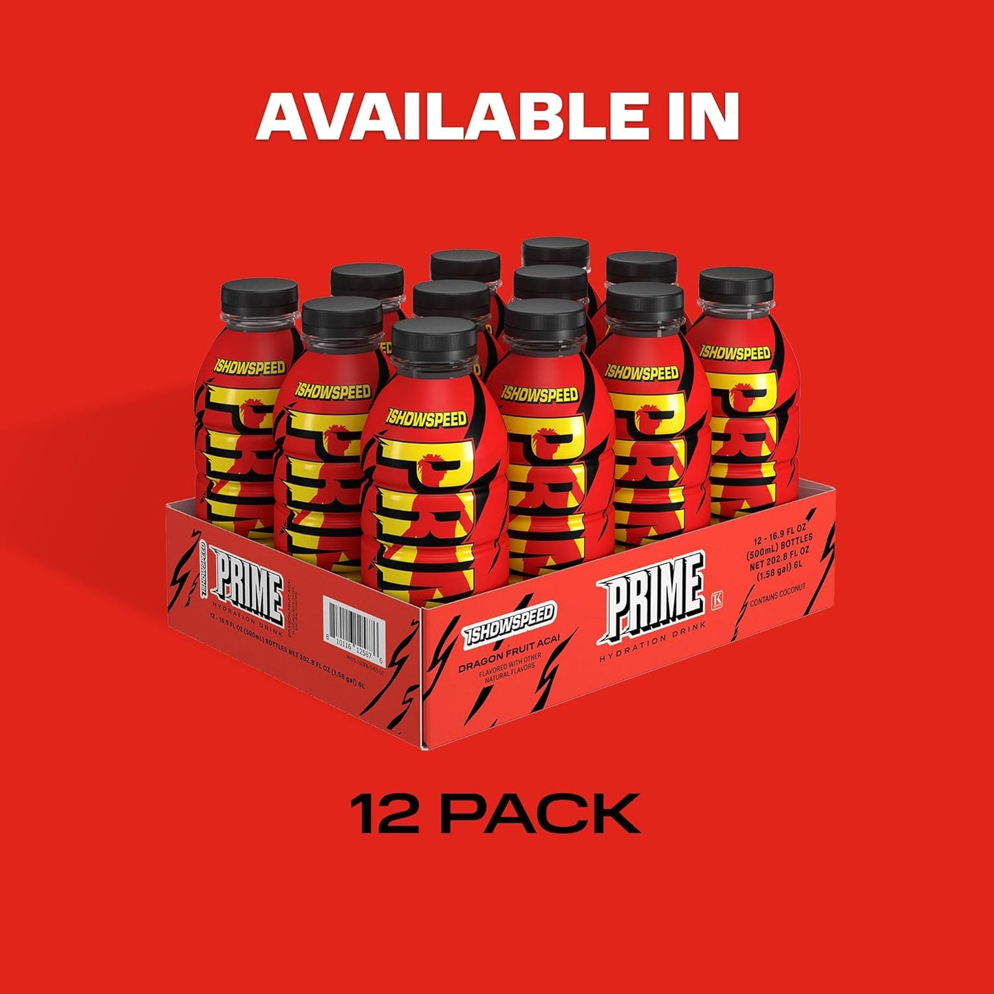 PRIME Hydration ISHOWSPEED, Sports Drinks, Electrolyte Enhanced for Ultimate Hydration, 250mg BCAAs, B Vitamins, Antioxidants, Low Sugar, 16.9 Fl Oz, 12 Pack