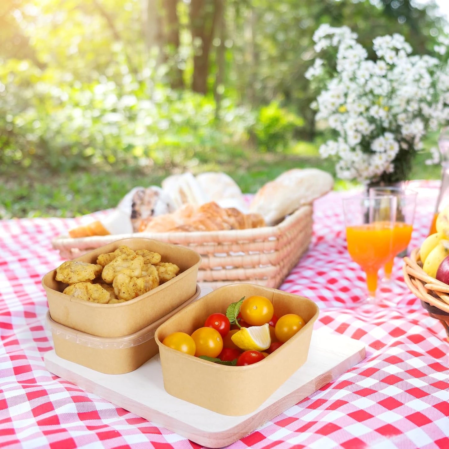 50 Sets 25oz Disposable Kraft Paper Bowls with Lids, Rectangle Paper Food Containers with Lids, Salad Bowls for Hot/Cold Food, Soup, Meal Prep, Ice Cream, Takeout, Party Supplies(750ml)