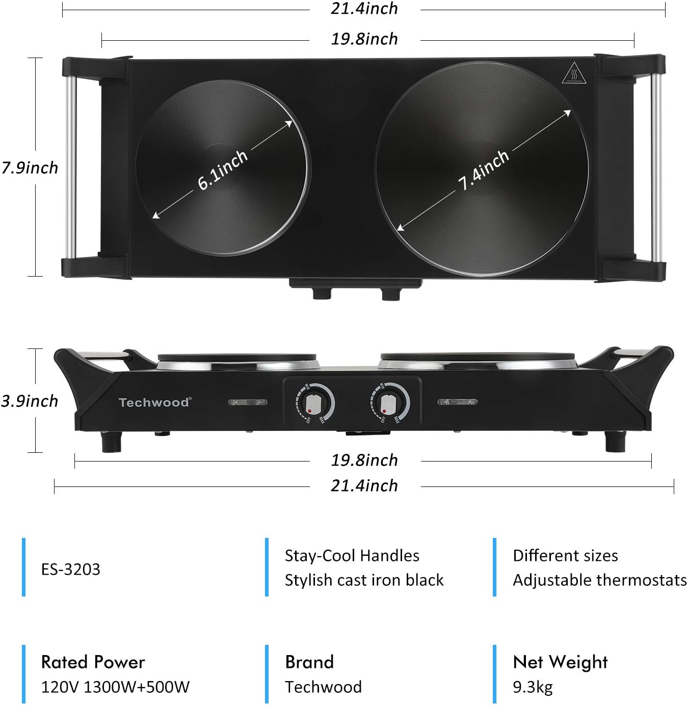 Techwood ES-3203 Hot Plate Electric Double Burner 1800W for Cooking with Adjustable Temperature & Stay Cool Handles, Black Stainless Steel, Compatible for All Cookwares