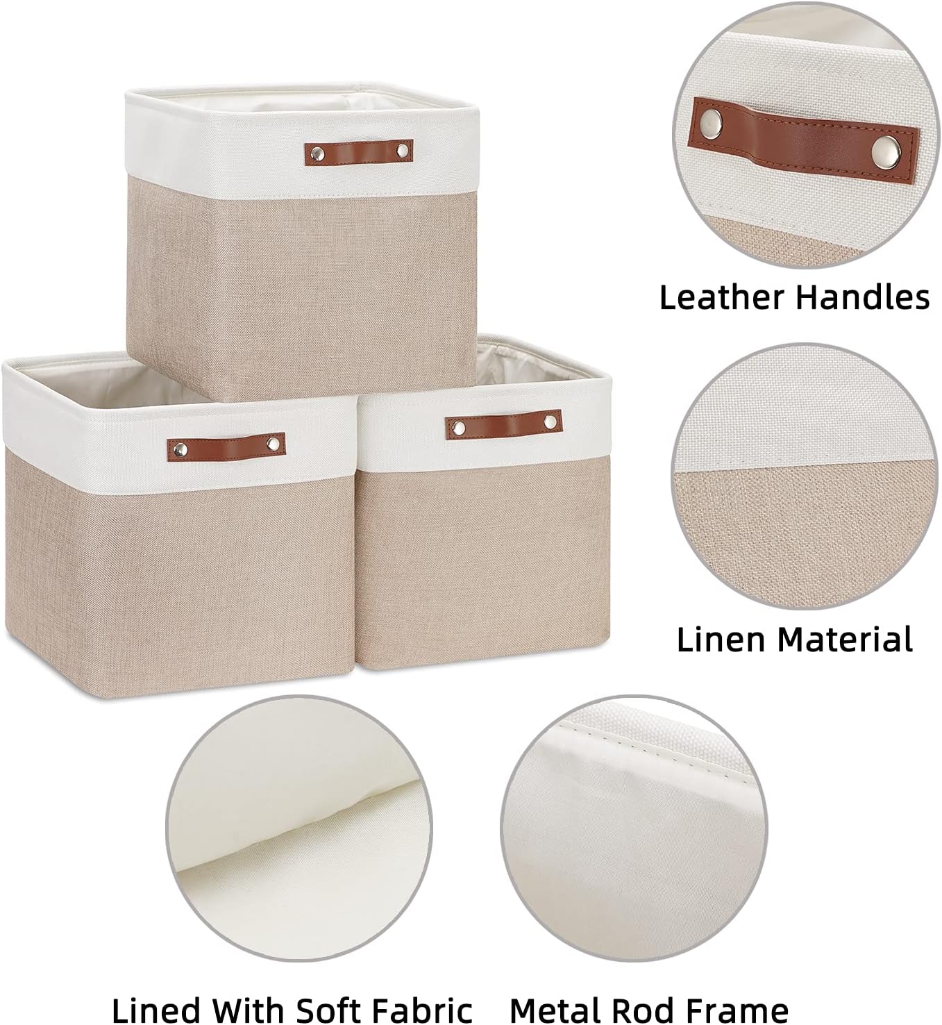HNZIGE Cube Storage Baskets for Shelves Foldable Storage Baskets(3 Pack) Cube Storage Bin,13 Inch Storage Basket for Organizing with Leather Handles for Toys, Clothes, Kids, Closet (White&Beige)