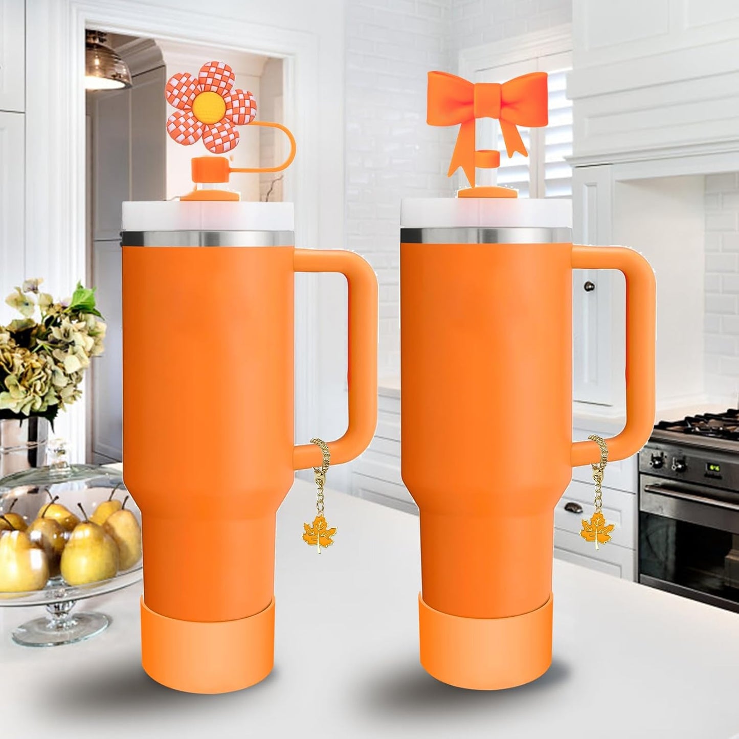 Stanley Cup Accessories Set,Including 2 Pcs 0.4in Straw Cover, 1 Silicone Spill-Proof Stopper Set of 3, 1 Cute Maple Handle Charm, 1 Silicone Boot Fits Stanley 40&30 Oz Tumbler (Tigerlily Plum)