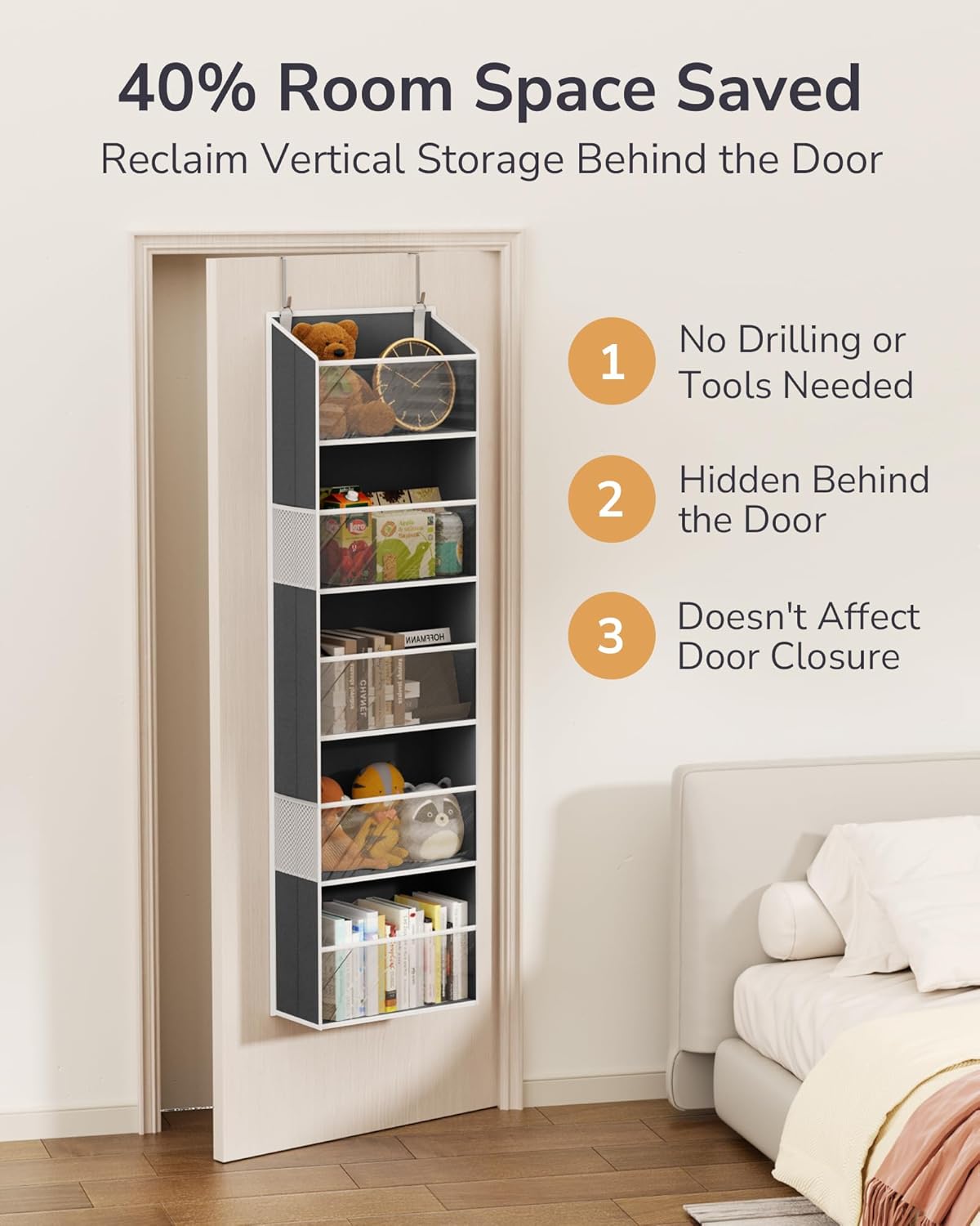 ULG Clear Over The Door PVC Organizer with 4 Pockets Hanging Storage for Bathroom, Closet, or Bedroom,Dark Gray