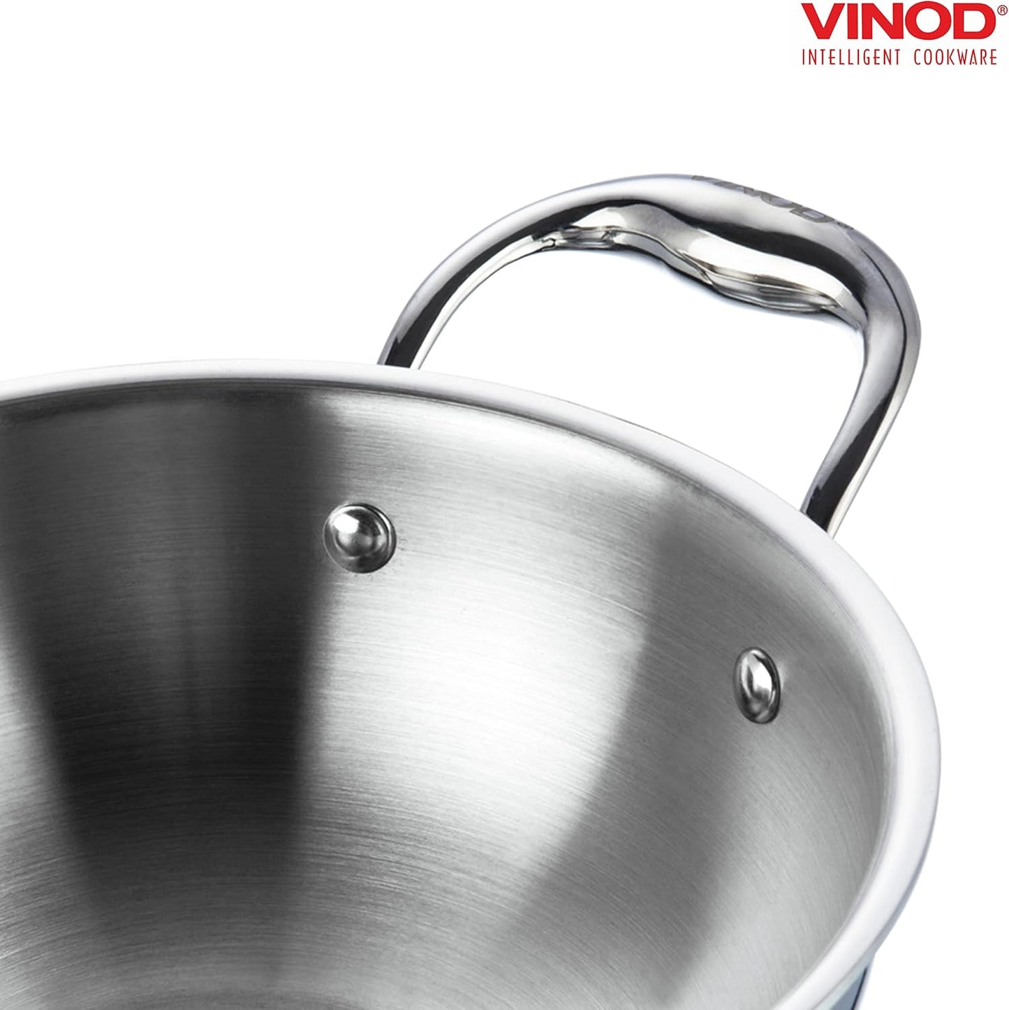 Vinod Platinum Triply Stainless Steel Kadai | Suitable For Indian Cooking, Sauces, Stews, Soups | Extra Deep Kadai With Lid | Induction, Electric Friendly (22cm)