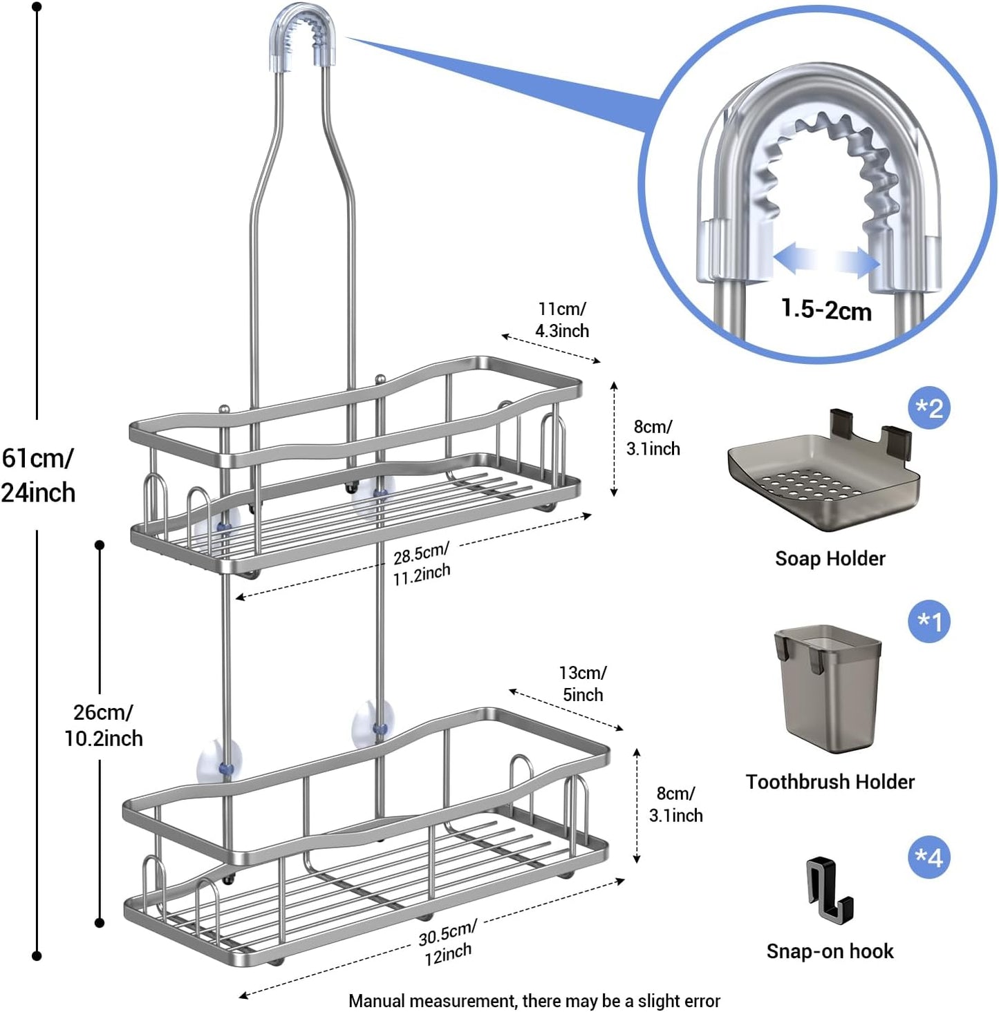 Hanging Shower Caddy Bathroom Organizer: Rustproof Shower Shelf Racks Over Shower Head - No Drilling Inside Bath Shower Rack Shelves Over Showerhead for Shampoo with Soap Holder Silver