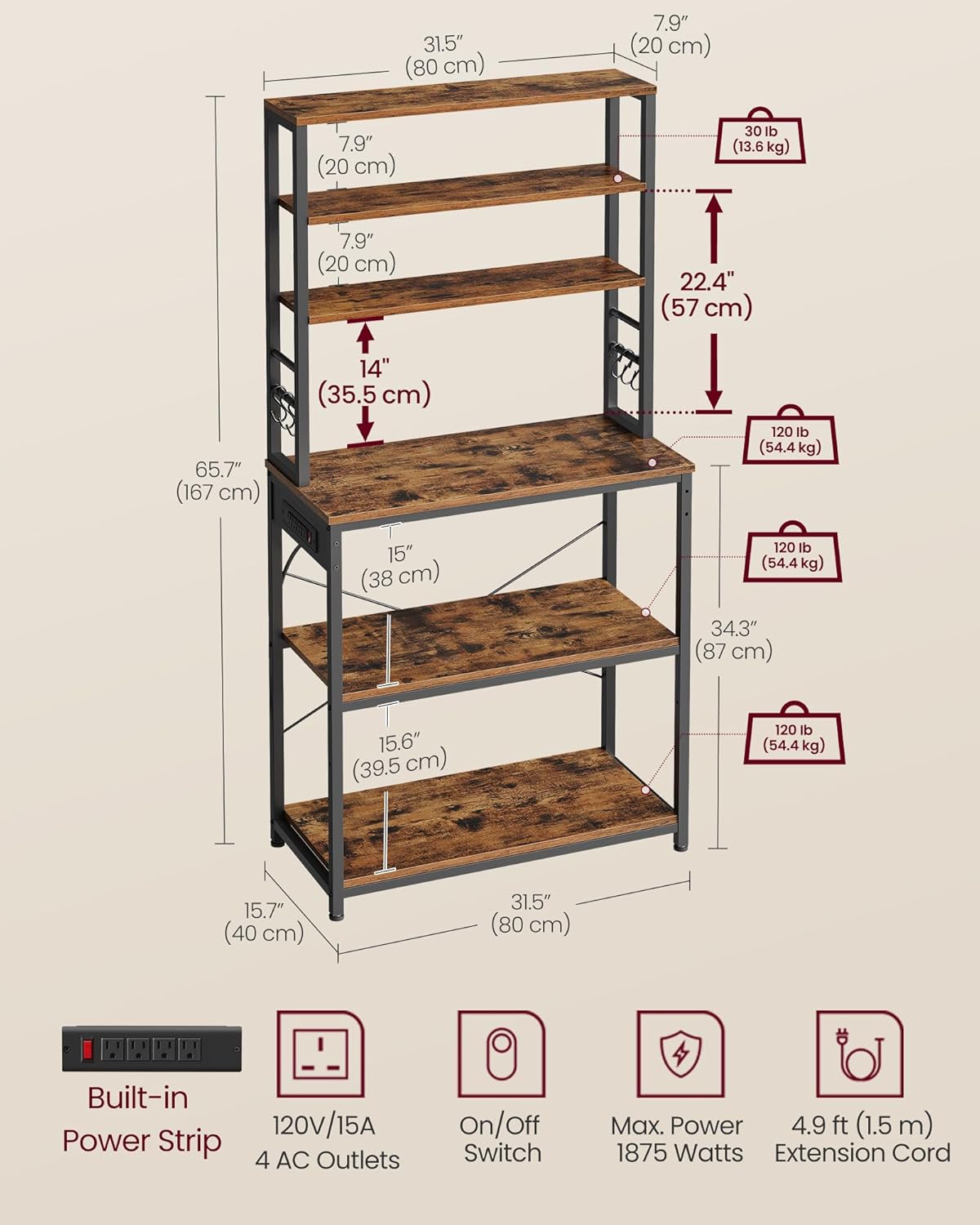 VASAGLE Bakers Rack with Power Outlet, 31.5 Inches Coffee Bar for Kitchen with Storage, 6-Tier Kitchen Shelves with 6 Hooks, Microwave Stand, Rustic Brown and Black UKKS119K01
