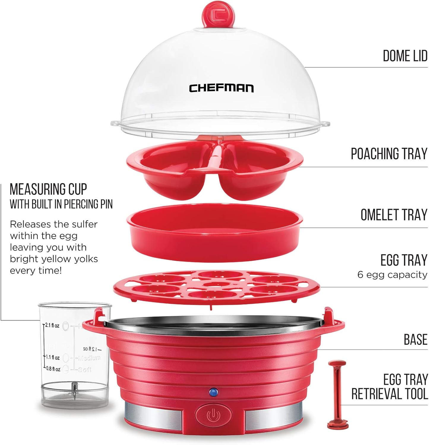 Chefman Electric Egg Cooker Boiler, Rapid Poacher, Food & Vegetable Steamer, Quickly Makes Up To 6, Hard, Medium or Soft Boiled, Poaching/Omelet Tray Included, Ready Signal, BPA-Free, Black