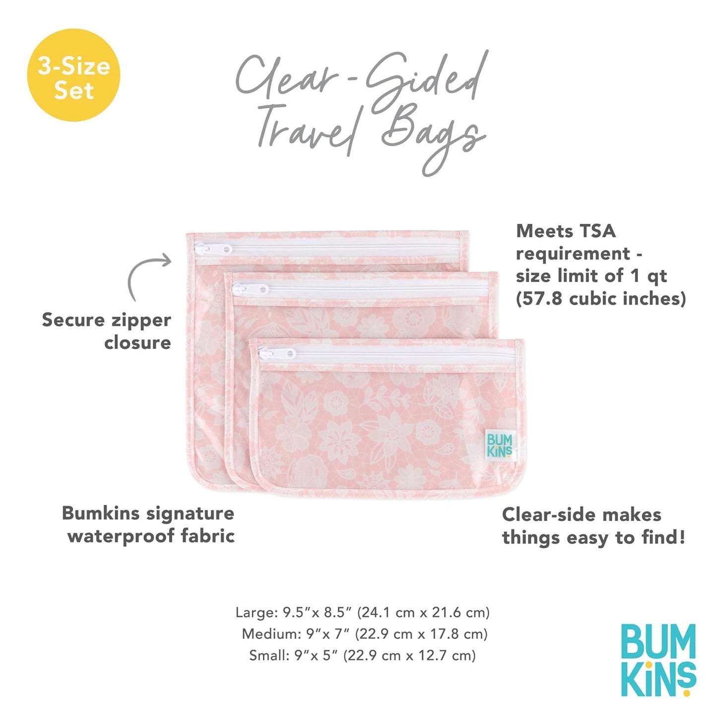 Bumkins Travel Bag, Toiletry, TSA Approved Pouch, Zip Bag, Quart Size Airline Compliant, Clear-Sided, Baby, Diaper Bag Organization, Makeup, Accessories, Packing, Set of 3 Sizes, Floral Gray