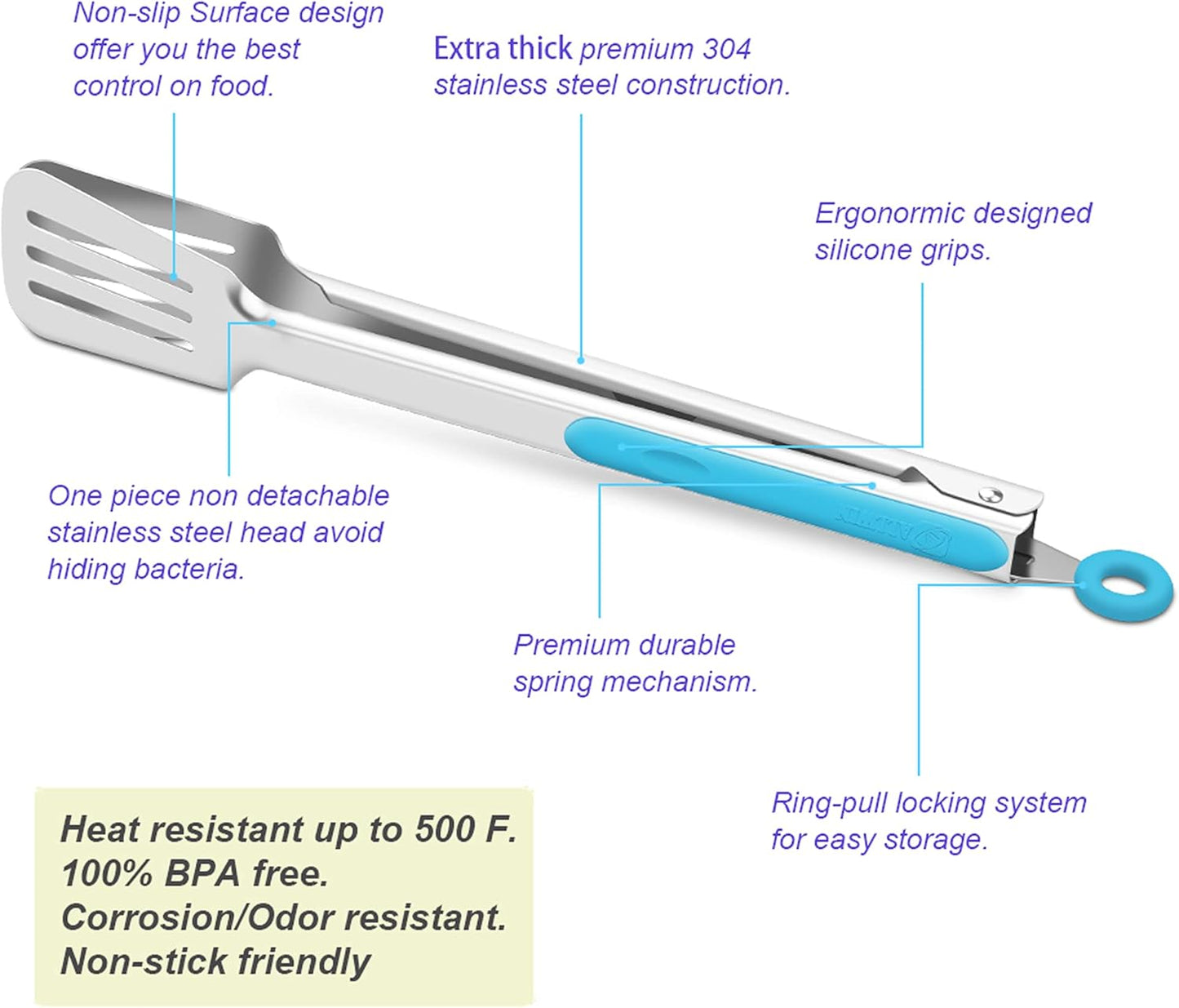 Premium 304 Stainless Steel Barbecue Turners, Heavy Duty Non-Stick BBQ Cooking Kitchen Tongs, 9" and 12" Blue