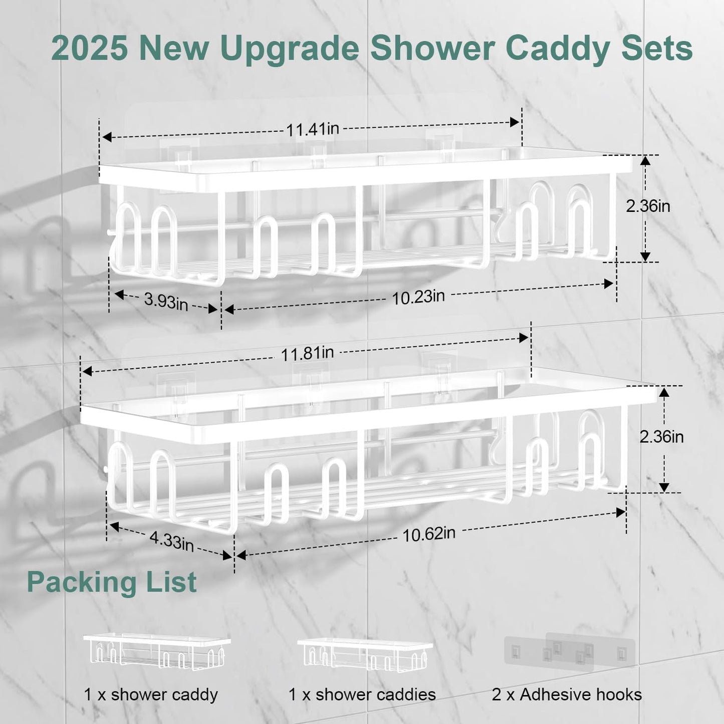 2025 New Adhesive Shower Caddy, Shower Shelves with 16 Hooks, White 2 Pack