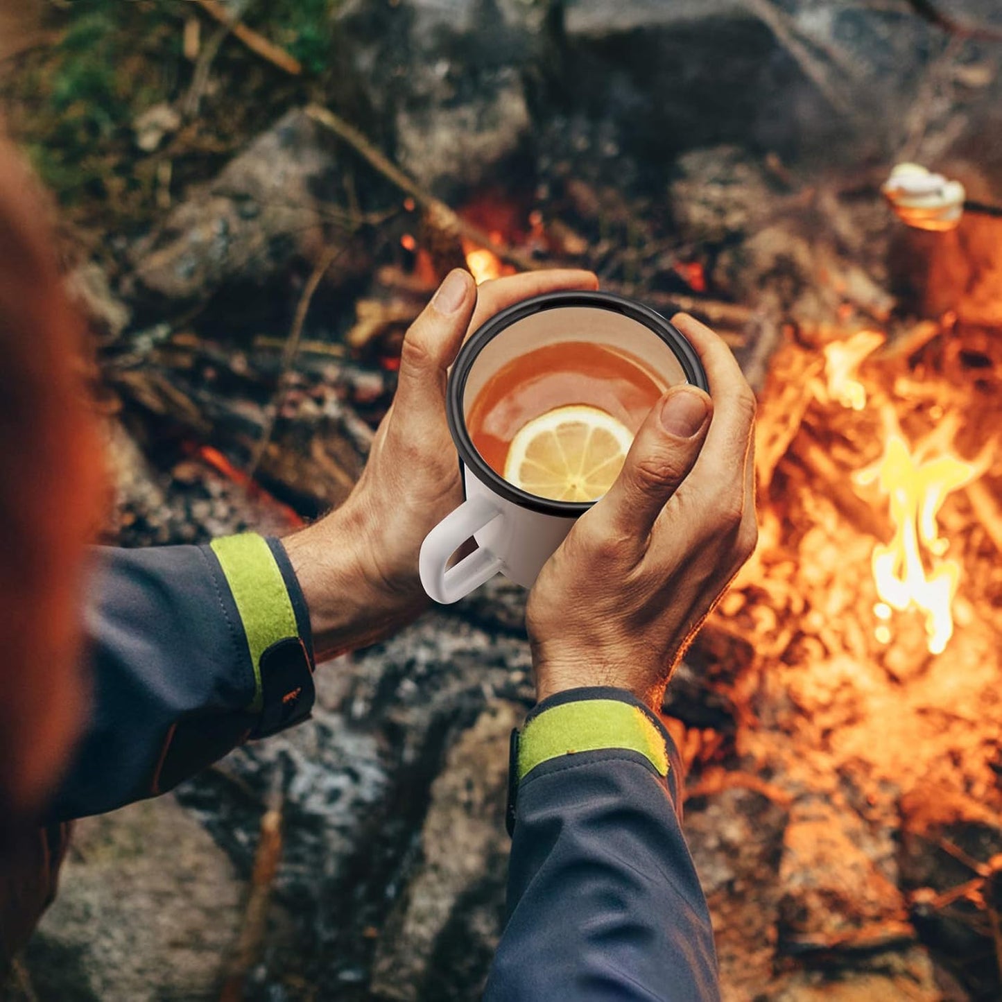 P&P CHEF Enamel Camping Coffee Mug Set of 6, Small Colored Mugs Cups for Family Gathering/Friend Party/Camping/Picnic/Fishing, Lightweight & Portable -12 Ounce, 350ML & White