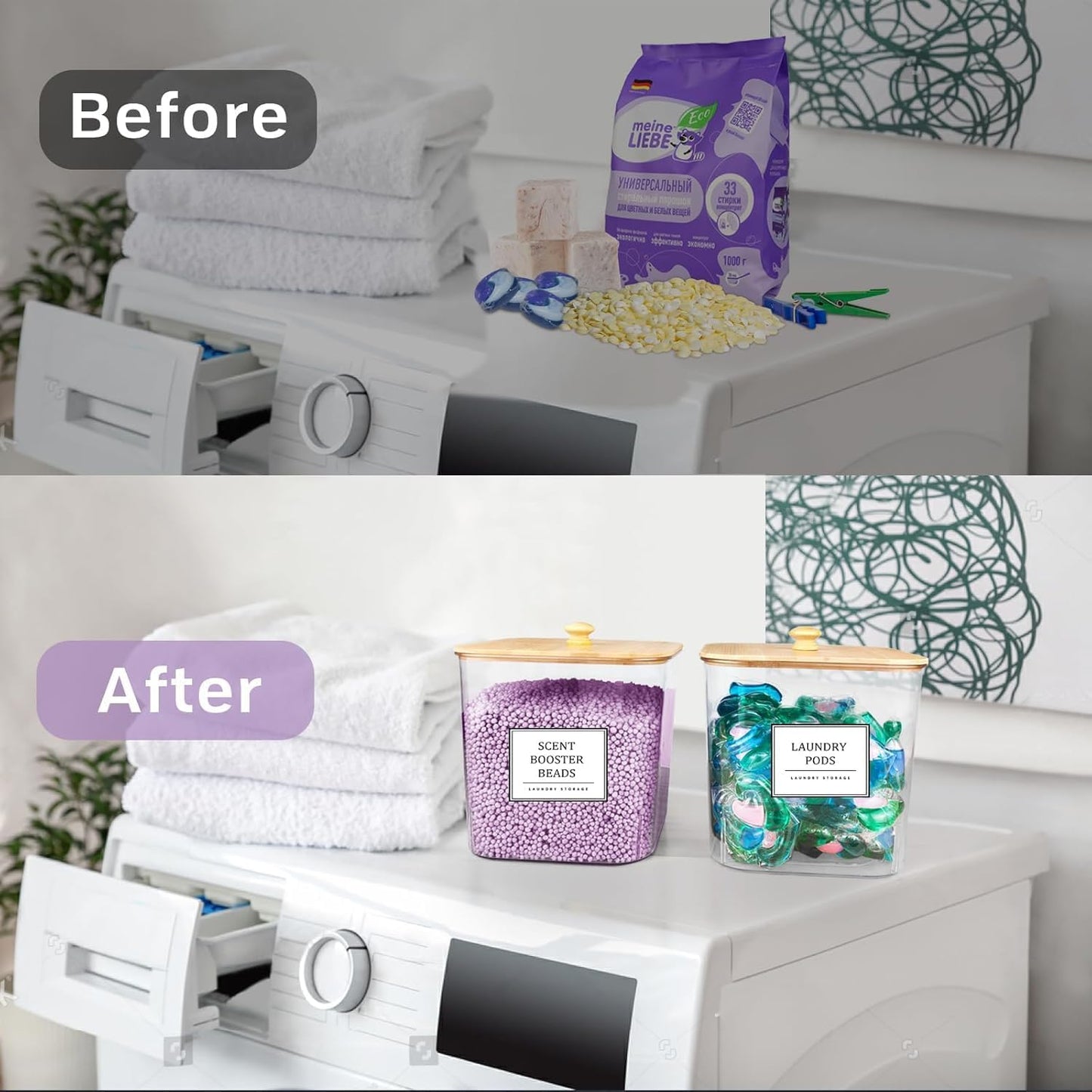 2 Pack Laundry Pods Container,Laundry Room Organization and Storage Containers with Wooden Lids & Labels Large Laundry Detergent Container for Powder,Scent Booster,Pods,Dryer Ball