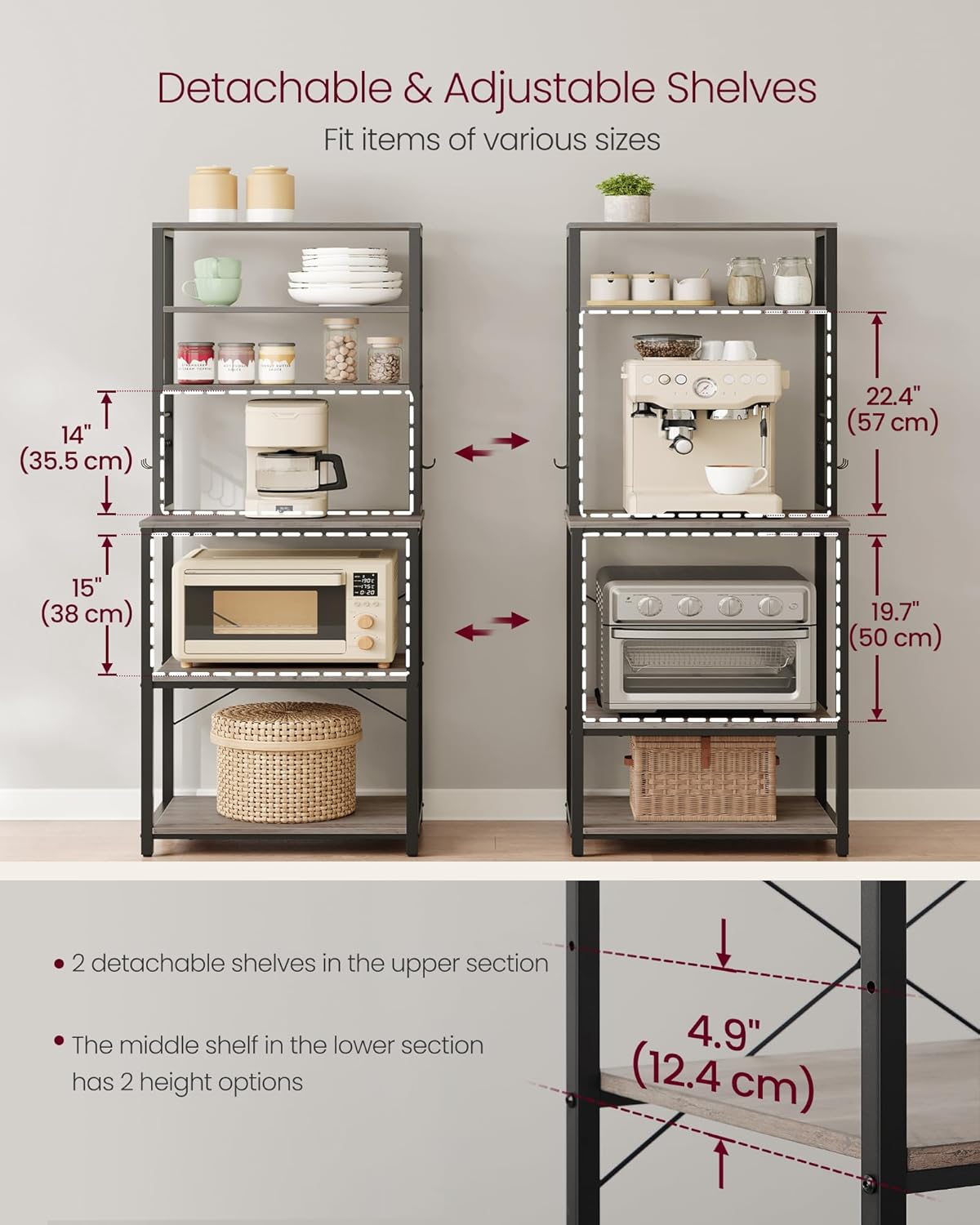 VASAGLE Coffee Bar, Baker’s Rack for Kitchen with Storage, 6-Tier Kitchen Shelves with 6 Hooks, Microwave Stand, Industrial, 15.7 x 23.6 x 65.7 Inches, Greige and Black UKKS024B02