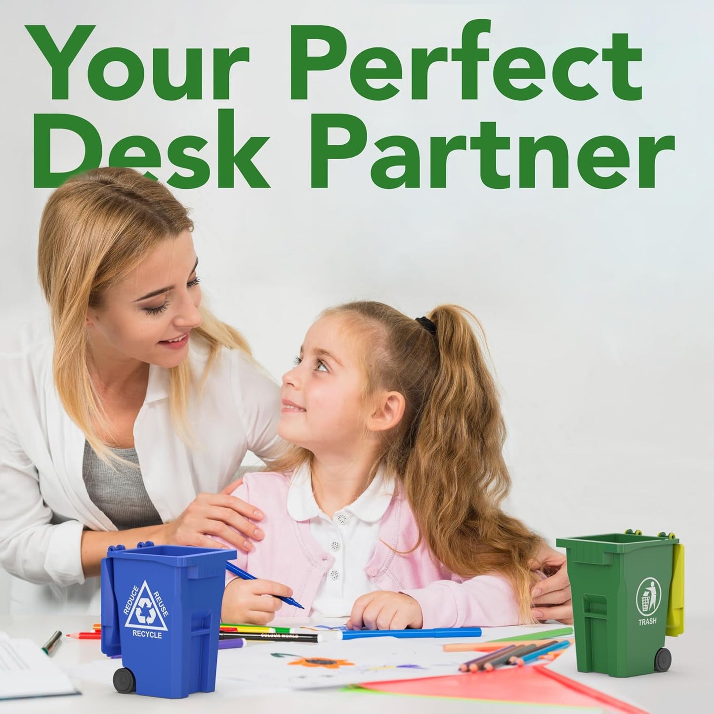 Wiosi Mini Garbage Trash Pen Holder for Desk, Pack of 2, Blue & Green, Tiny Recycle Bin Pencil Holder | Storage for Pencils & Pens | Office Stationery to Organize The Desk | Ideal for Student Work