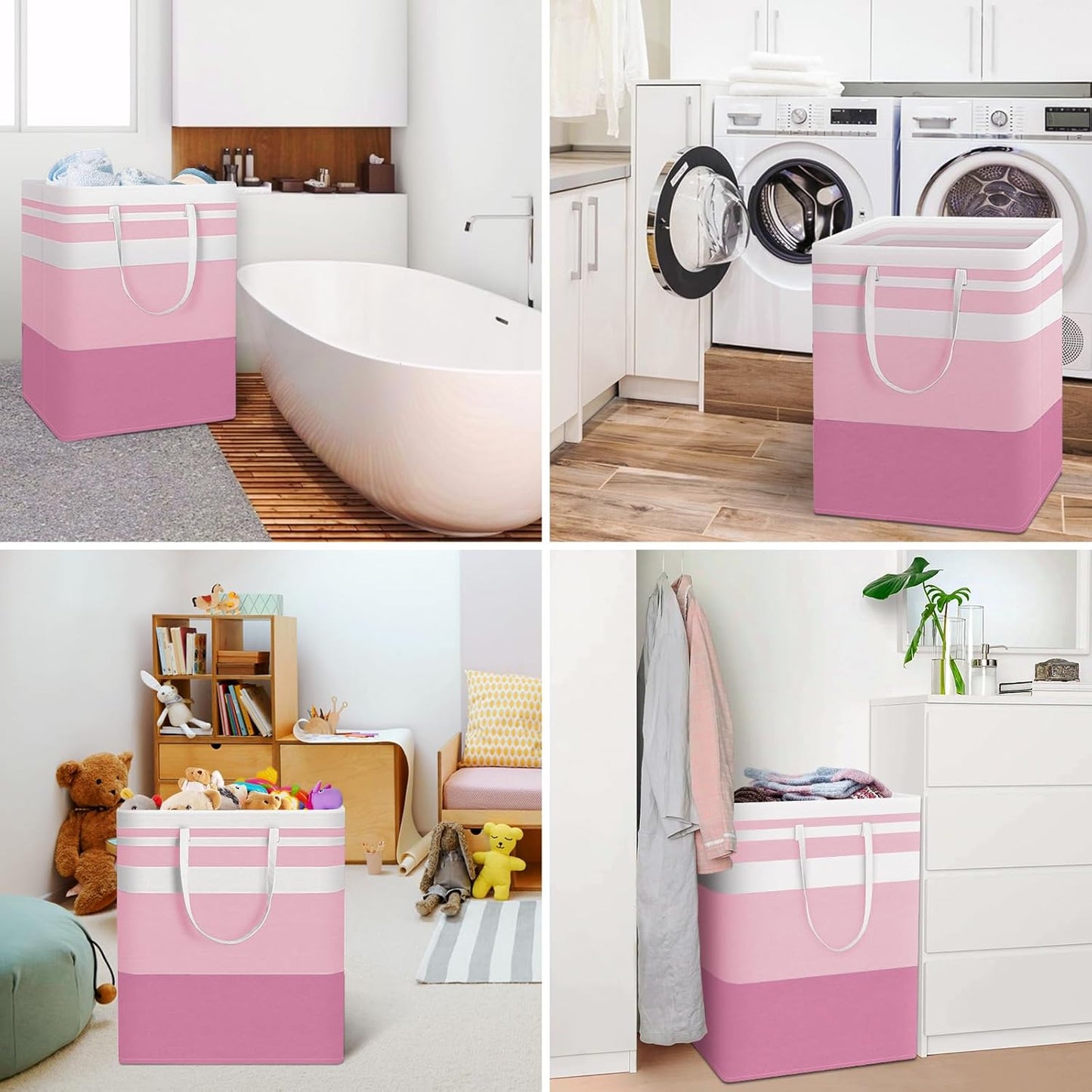 HomeHacks 2 Pack Large Laundry Baskets, Waterproof, Freestanding Laundry Hampers, Collapsible Clothes Hamper with Reinforced Handles in Laundry, College Dorm, Bathroom, Bedroom (Pink, 125Lx2)