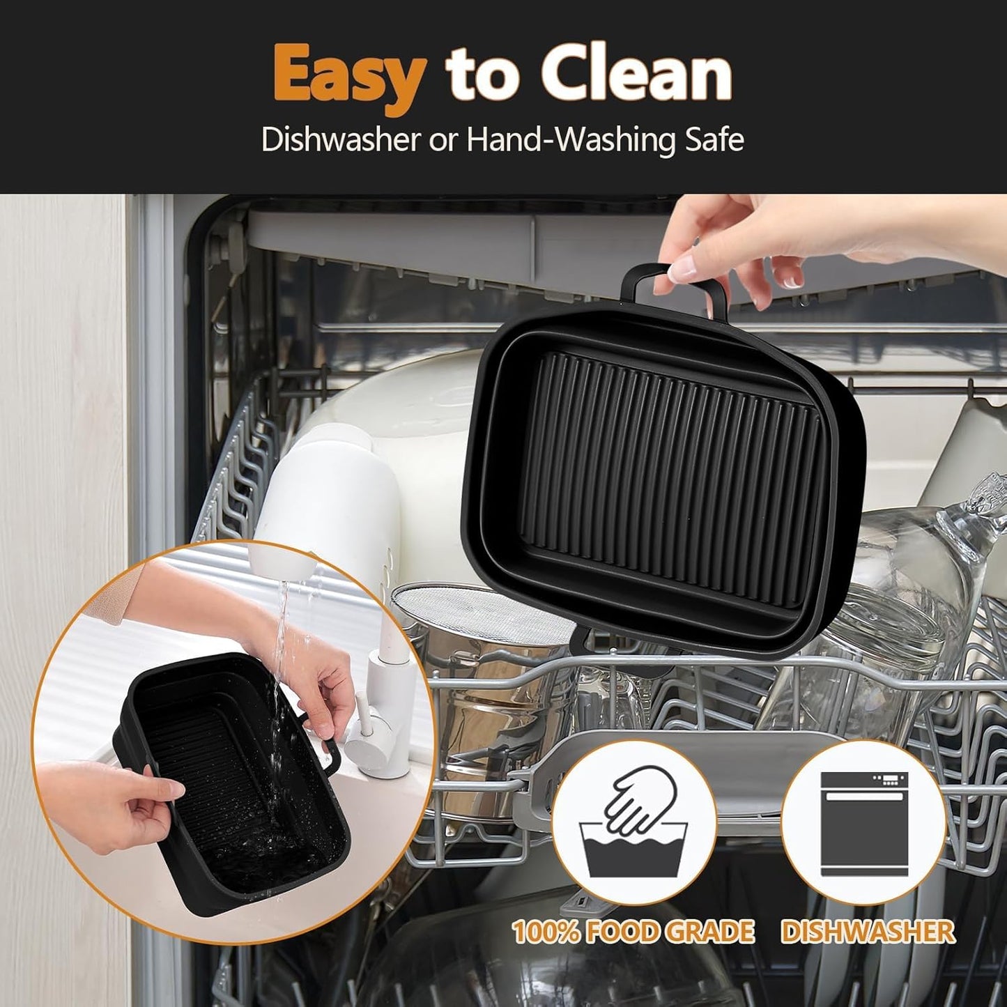 Collapsible 2-Pack Air Fryer Silicone Liners for 10QT NINJA Foodi Dual, Rectangular Air Fryer Silicone Pot, Reusable Silicone Air Fryer Basket for Air Fryer Accessories(Black)