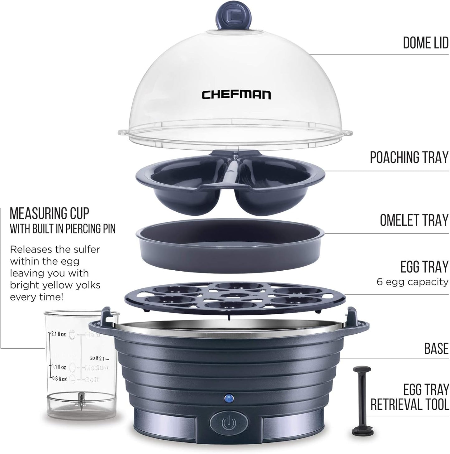 Chefman Electric Egg Cooker Boiler, Rapid Poacher, Food & Vegetable Steamer, Quickly Makes Up To 6, Hard, Medium or Soft Boiled, Poaching/Omelet Tray Included, Ready Signal, BPA-Free, Midnight Blue
