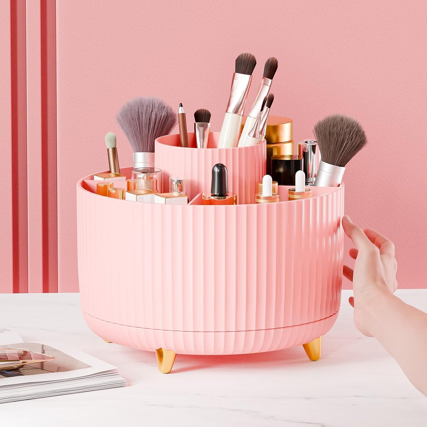 360° Rotate Makeup Brush Holder Organizer, Makeup Organizers Countertop, Makeup organization and Skincare Storage for Vanity, Desktop, Bathroom (Pink)